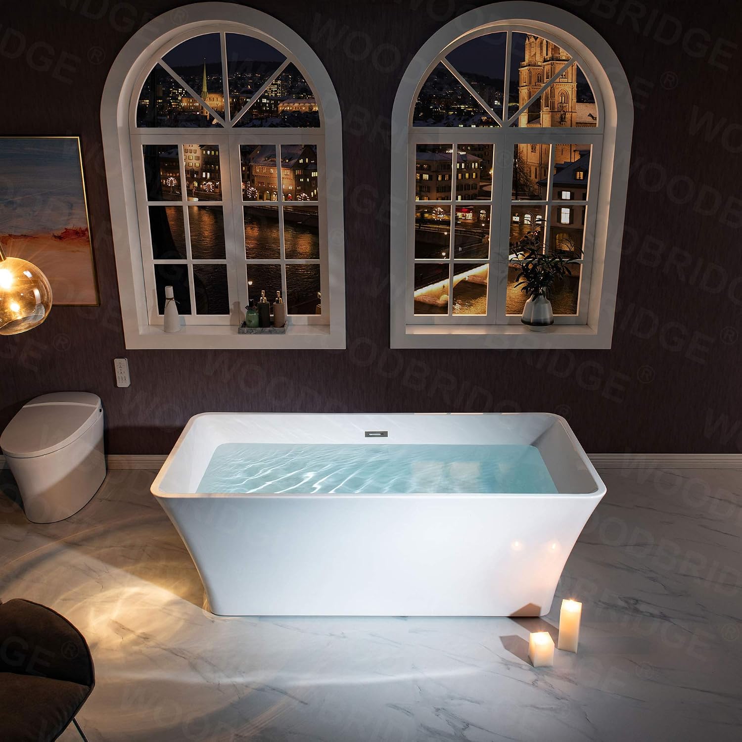 WOODBRIDGE 67' Acrylic Freestanding Bathtub Contemporary Soaking White Tub with Brushed Nickel Overflow and Drain，BTS1609 -B/N-Drain &O