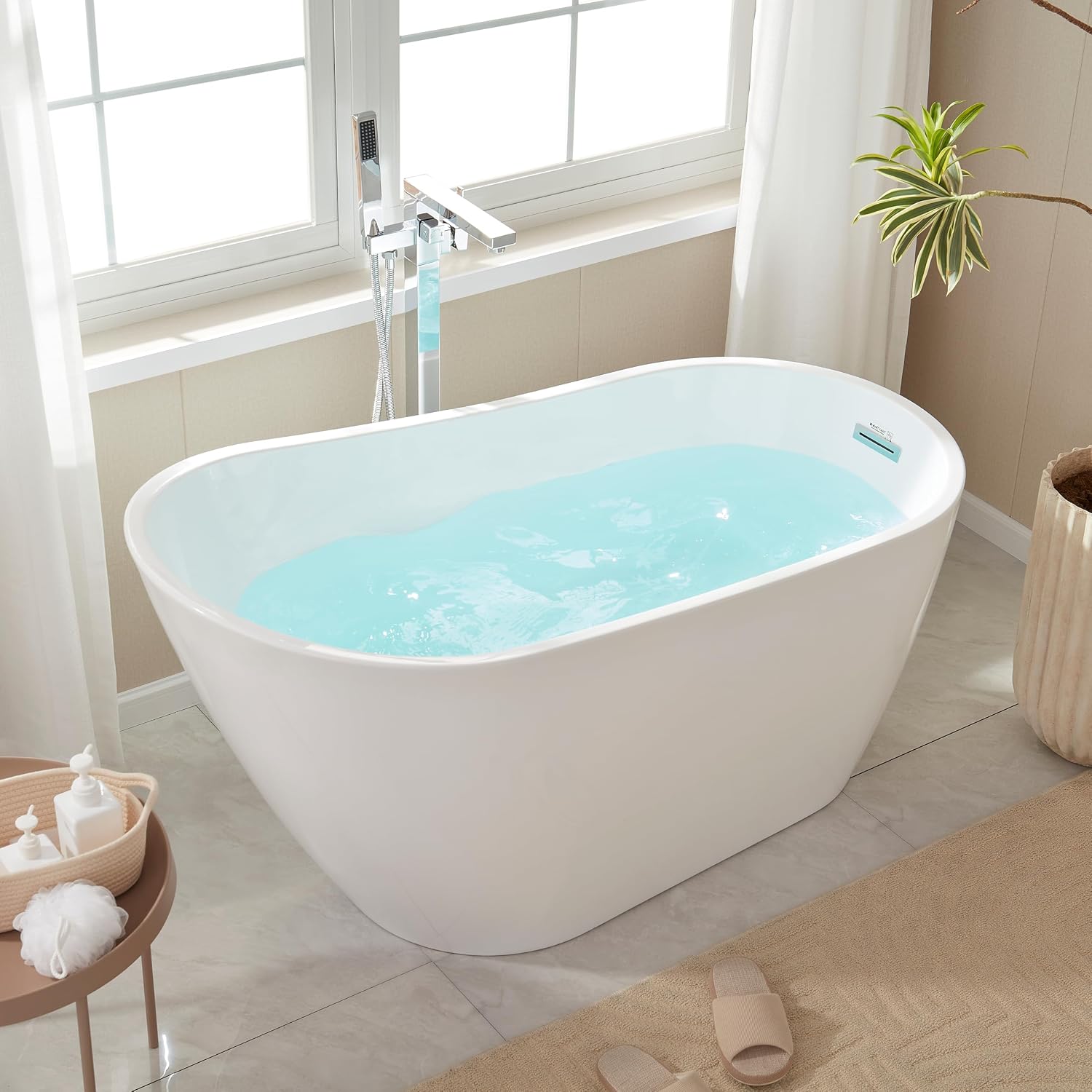 Vanity Art 55' Free Standing Tub Non-Slip Contemporary Design Freestanding Bathtub Soaking Tub with Overflow and Pop-up Drain, UPC Certified