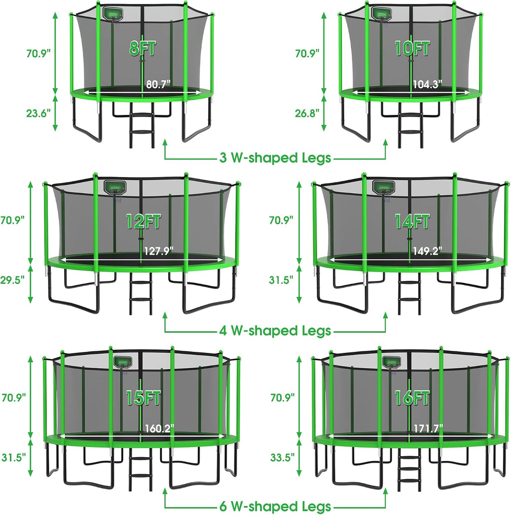 Exal Trampoline Outdoor with Basketball Hoop and Enclosure Net, 1500LBS Backyard Heavy Duty Trampoline ASTM CPC Certified Kids Trampoline, Light, Sprinkler, Socks, No-Gap Pad, Wind Stakes Included