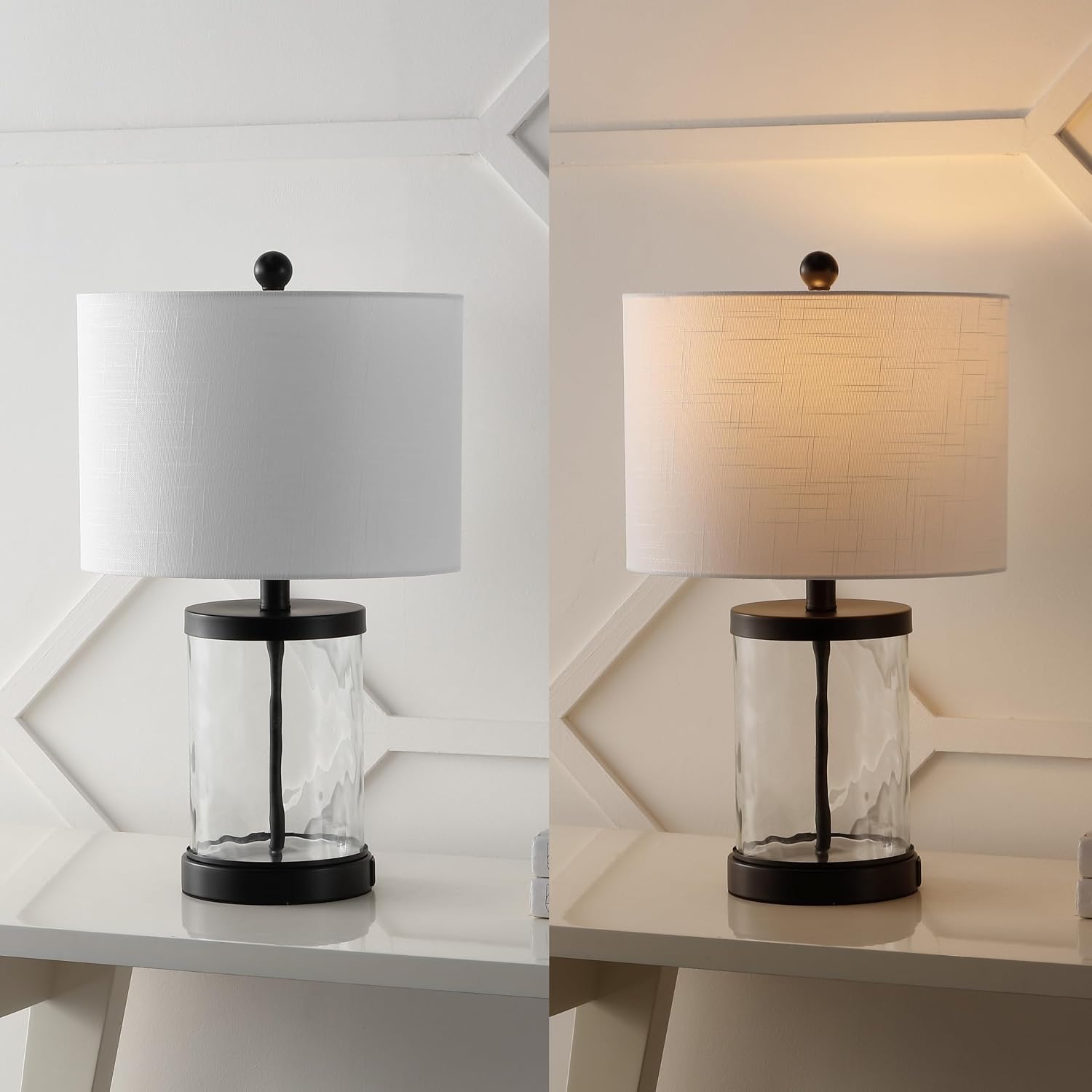 JONATHAN Y 21' Black Modern Industrial Water Glass Table Lamp Set of 2 with USB Charging Port, Iron Bedside Lamp for Bedroom Living Room, White Shade, LED Bulbs Included JYL4058A-SET2