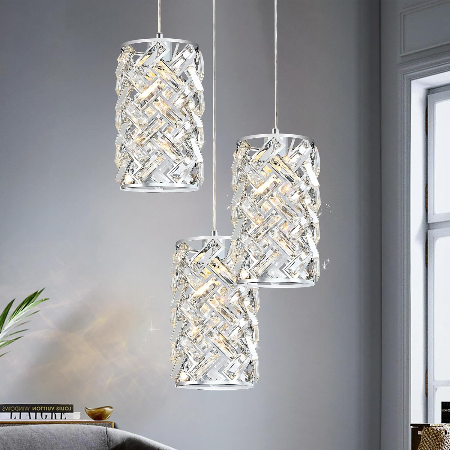CATINER 3-Light Modern Crystal Pendant Light, Chrome Mini Chandelier – Adjustable Cluster Pendant Lighting Fixture for Kitchen Island, Dining Room, Bedroom, Hallway, Porch