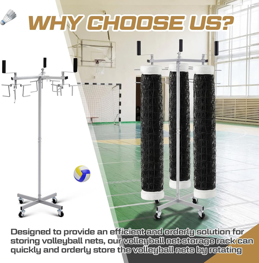 Duraaamo Volleyball Net Storage Rack for 3 Standard Nets, Movable Net Holder with Wheels, Multi-sport Equipment Organizer for Volleyball Badminton Tennis, Untangled Design Vertical Rack for School Gym