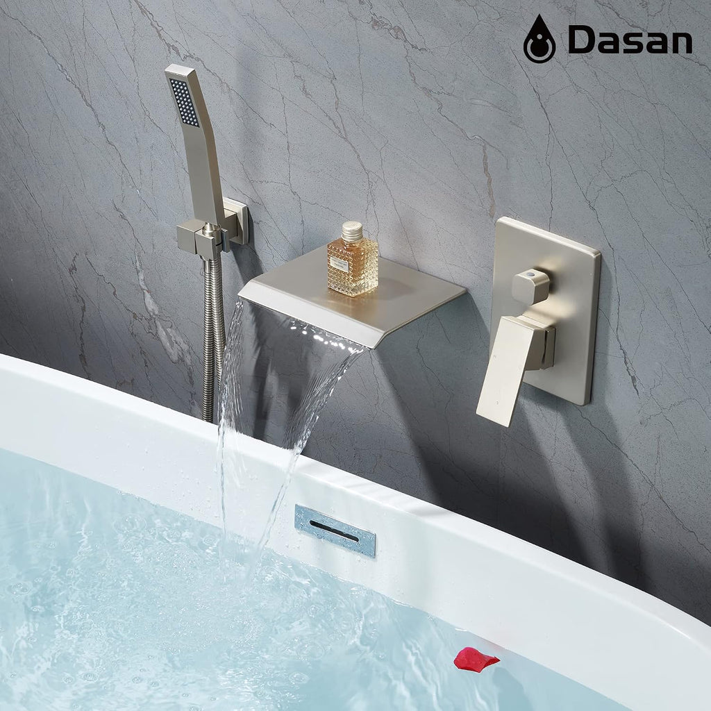 Upgraded Wall Mount Tub Filler Faucet with Handheld Shower, DASAN Modern Wall Mounted Bathtub Faucet Brushed Nickel High Flow Waterfall Tub Faucet with Rough in Valve, SA-TF04WH-BN