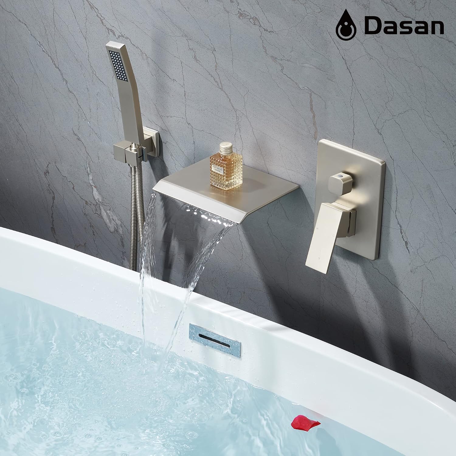 Upgraded Wall Mount Tub Filler Faucet with Handheld Shower, DASAN Modern Wall Mounted Bathtub Faucet Brushed Nickel High Flow Waterfall Tub Faucet with Rough in Valve, SA-TF04WH-BN
