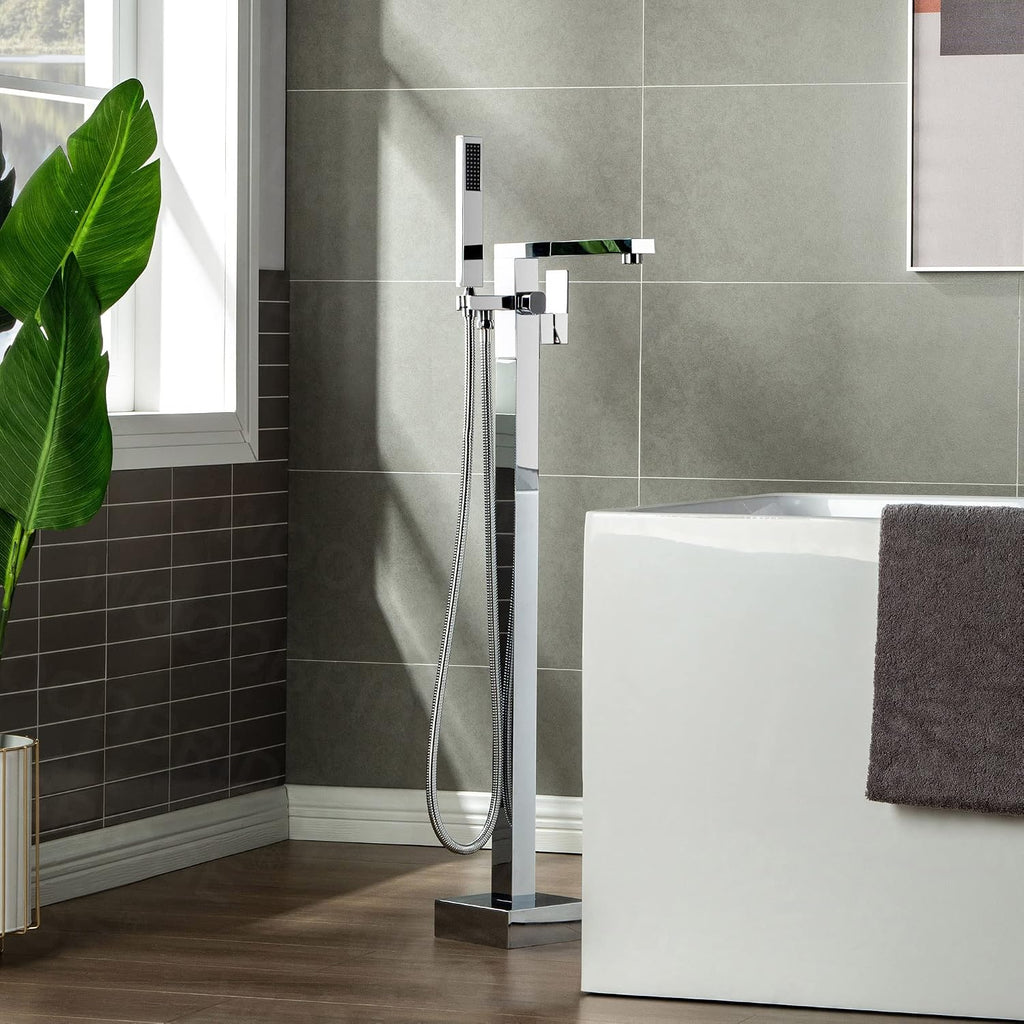 WOODBRIDGE Contemporary Single Handle Floor Mount Freestanding Tub Filler Faucet with Hand shower in Chrome Finish, F0004CHN