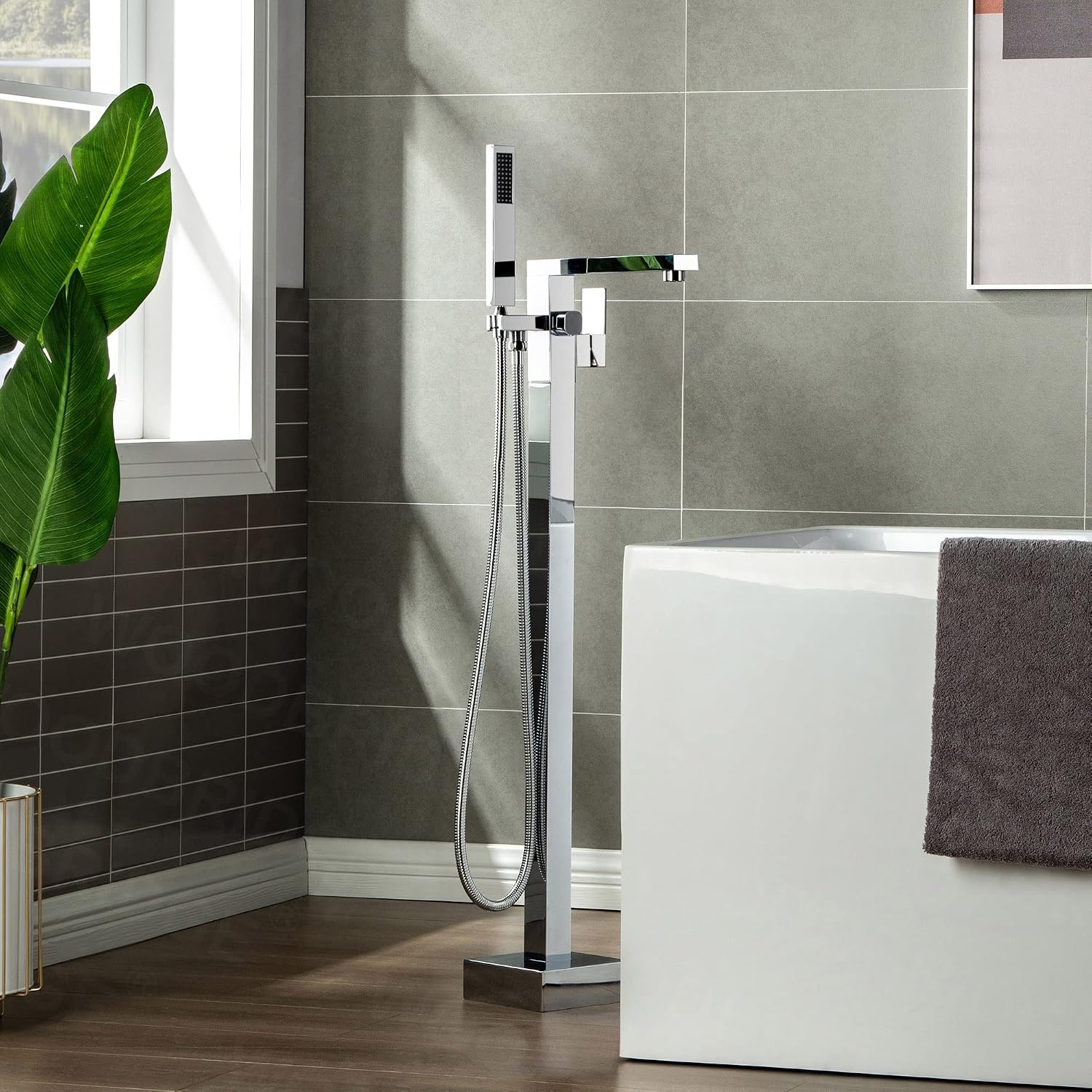 WOODBRIDGE Contemporary Single Handle Floor Mount Freestanding Tub Filler Faucet with Hand shower in Chrome Finish, F0004CHN