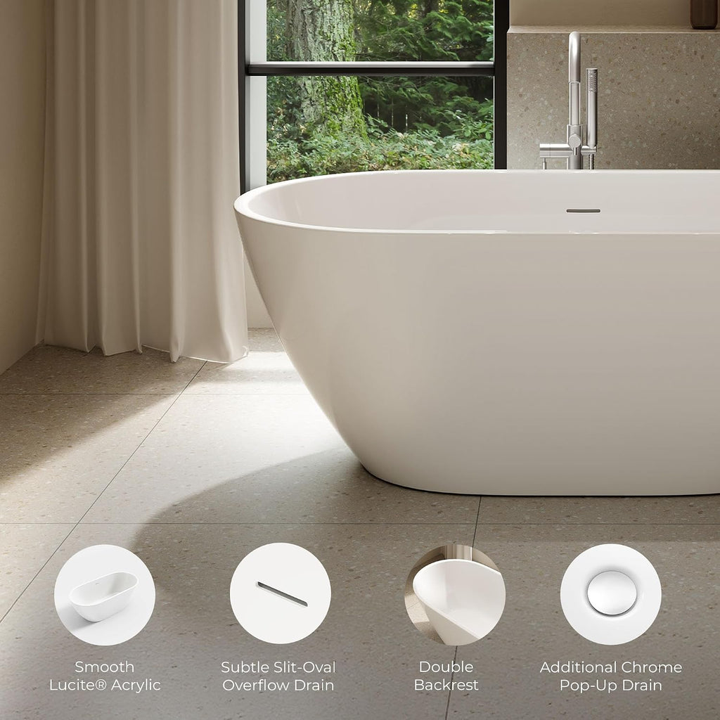 OVE Decors Ayago 59 in. Solid Surface Freestanding White Acrylic Soaking Bathtub, with Overflow and Chrome Pop-up Drain