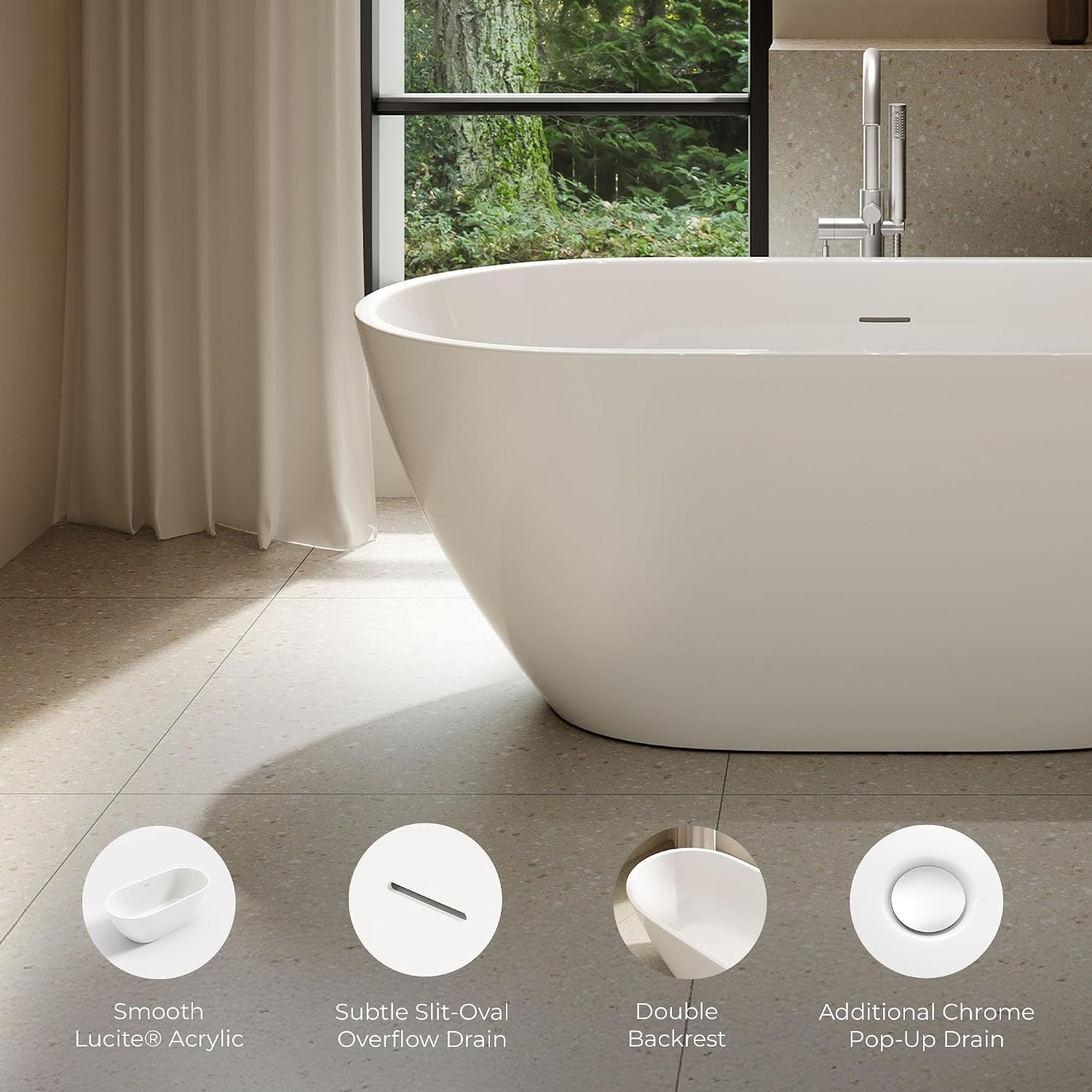 OVE Decors Ayago 59 in. Solid Surface Freestanding White Acrylic Soaking Bathtub, with Overflow and Chrome Pop-up Drain