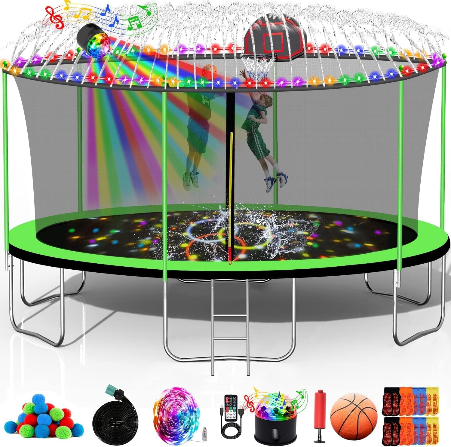 1500LBS 16FT 15FT 14FT 12 FT 10FT 8FT Tranpoline for Kids and Adults with Sprinkler, Lights with Music Speaker, Socks, Water Ball, Heavy Duty Outdoor Tranpoline with Net Enclosure and Ladder