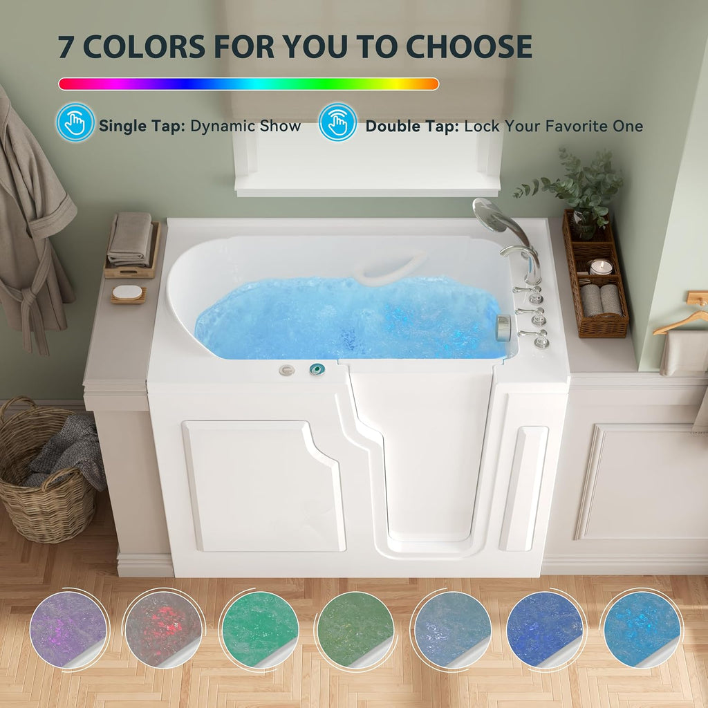 FerdY Floridian 55'x33' Walk-in Whirlpool Bathtub with 16 Air Water SPA Jets and Right-Side Door Opening and Quick Fill and Drain System, Rectangular Soaking Jetted Bath Tub in White with LED Lights