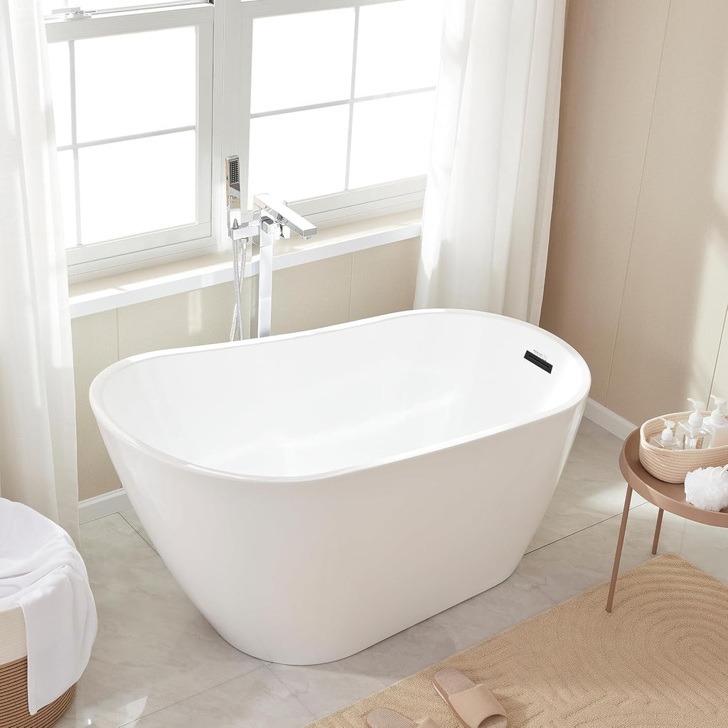Vanity Art 55 x 28 Inches Freestanding Bathtub White Acrylic Bathtub Modern Stand Alone Soaker Tub with UPC Certified Slotted Overflow and Pop-up Drain for Single Person Bathing