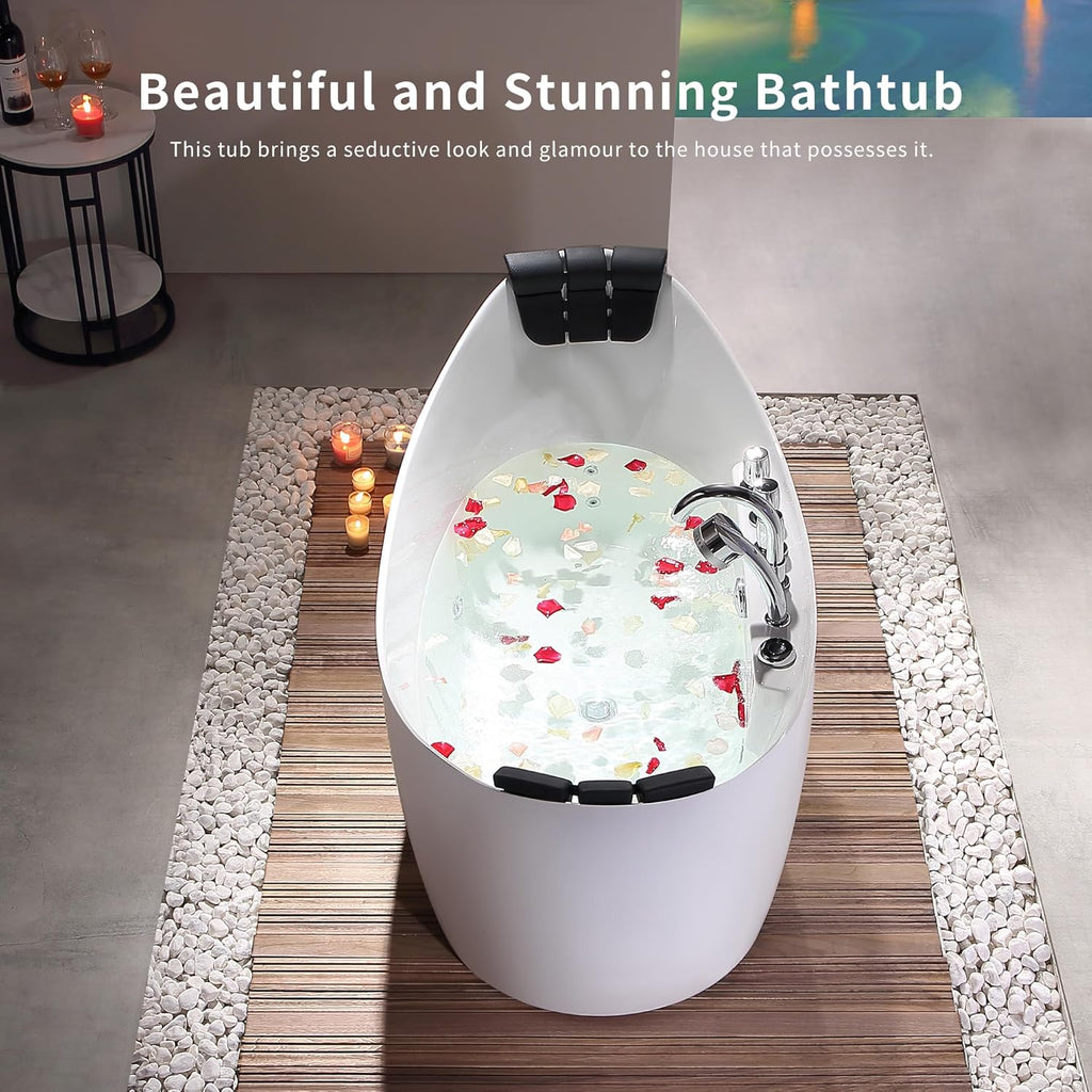 Empava 59' Freestanding Whirlpool Tub with Center Drain,Stand Alone Bathtub with 8 Hydromassage Jets, Boat-Shaped Design,Acrylic,ETL Certificated