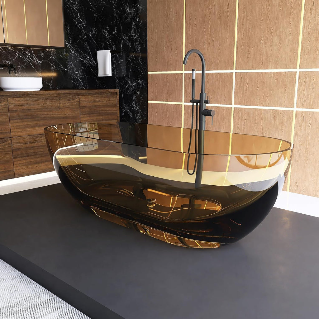 Tubcraft 69' Resin Stone Freestanding Bathtub, Solid Surface Modern Freestanding Tub Soaking Stand Alone Tub with Drain, Sepia 307TS1750