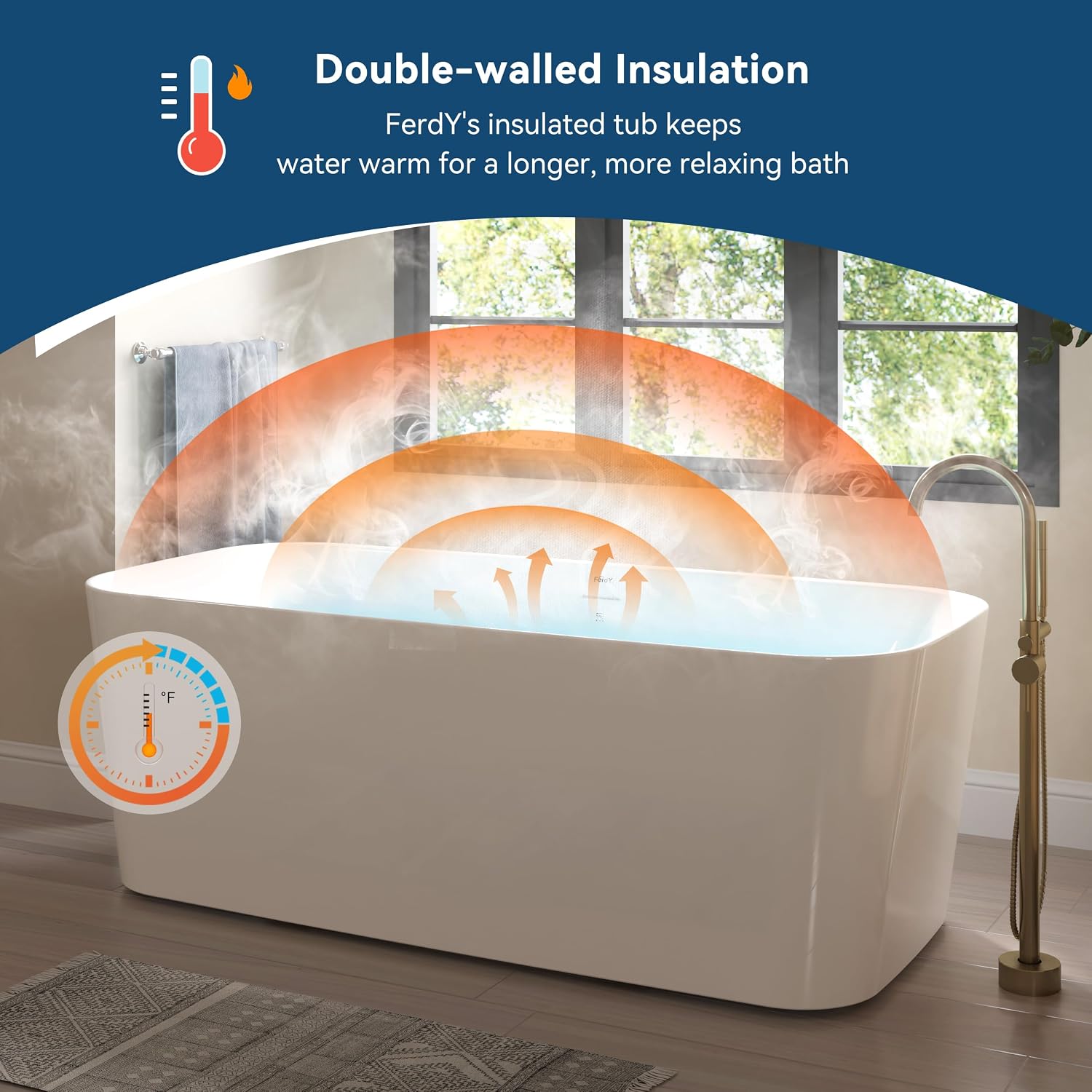 FerdY Maui 67' Acrylic Freestanding Bathtub, Contemporary Elegant Design Soaking Tub with Brushed Nickel Drain and Minimalist Linear Design Overflow, Easy to Install