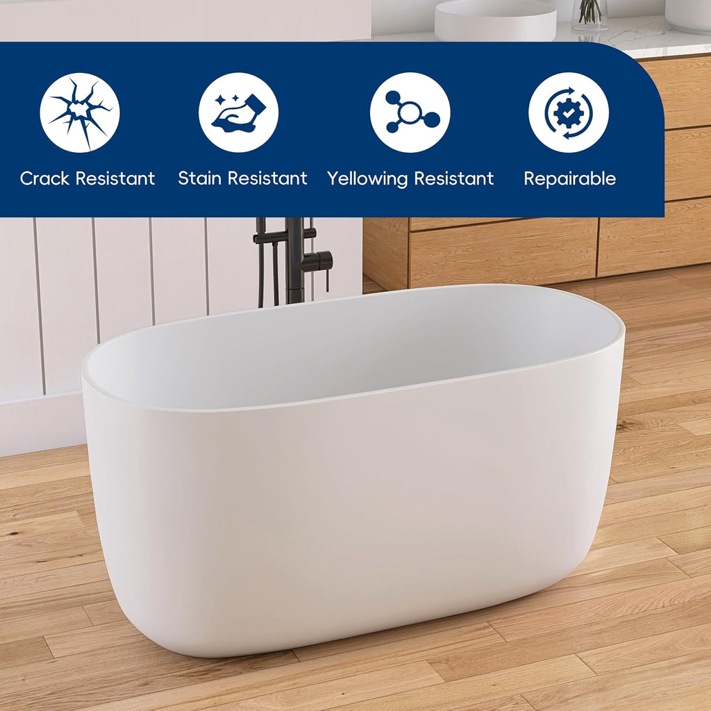 47' Stone Resin Freestanding Bathtub, Oval Solid Surface Bathroom Freestanding Tub, Thin Edge Stand Alone Tub with Integrated Slotted Overflow and Pop-up Drain, Matte White AMG025-1200
