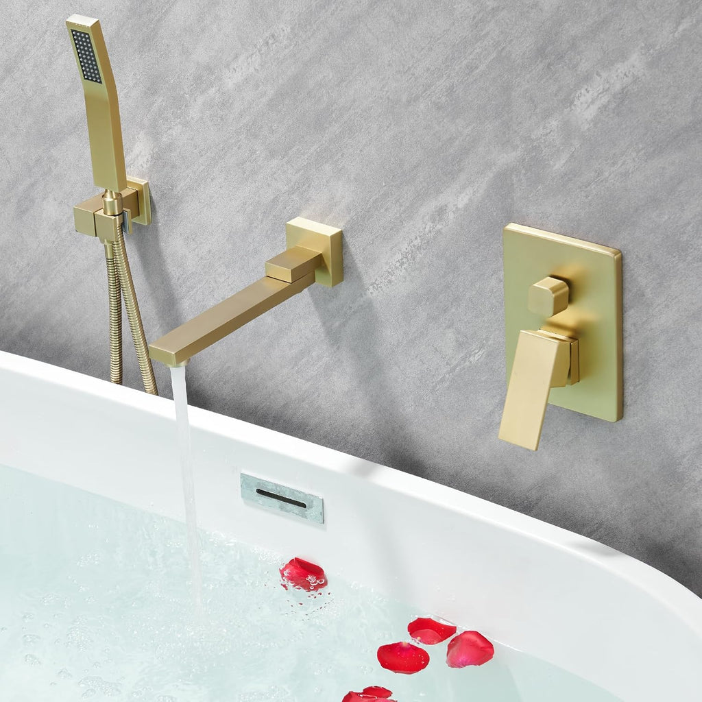 DASAN Swiveling Wall Mount Tub Filler Faucet Set with Hand Held Shower, Brushed Gold Modern Creative Bathtub Faucet Wall Mounted Bath Tub Faucet with High Flow Rough in Valve, SA-TF05WH-BG