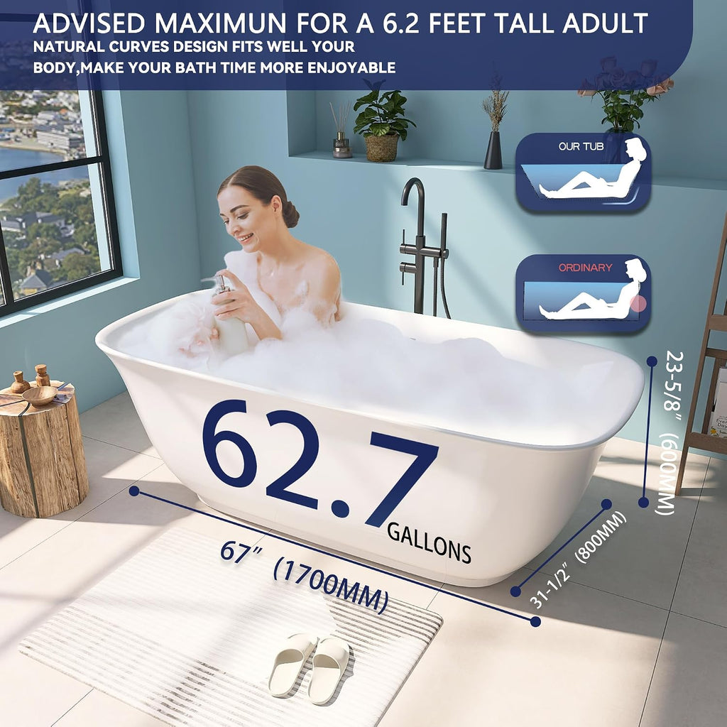67' Acrylic Free Standing Tub, Stand Alone Tub, Freestanding Bathtub, Soaking Bathtub, cUPC Certified, PE(Glossy White)
