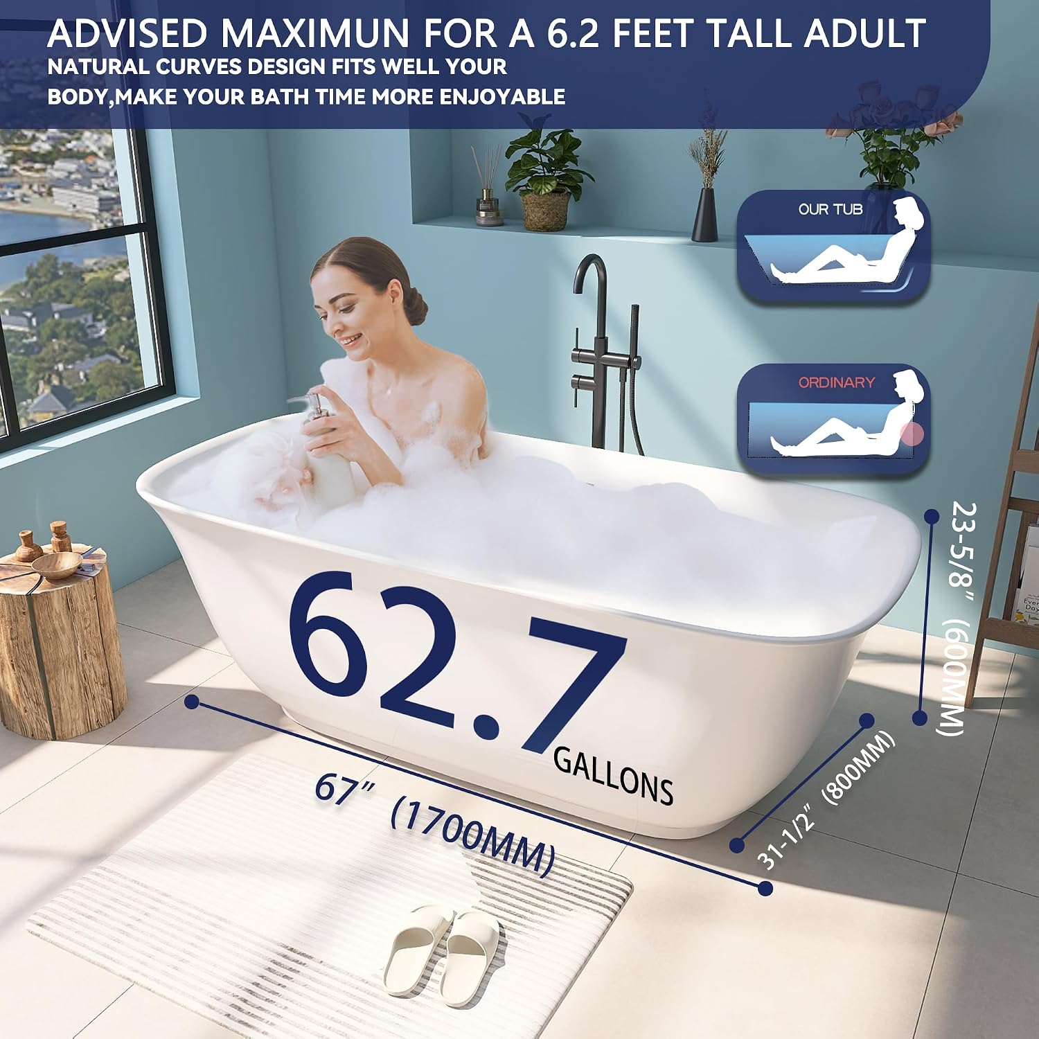 67' Acrylic Free Standing Tub, Stand Alone Tub, Freestanding Bathtub, Soaking Bathtub, cUPC Certified, PE(Glossy White)