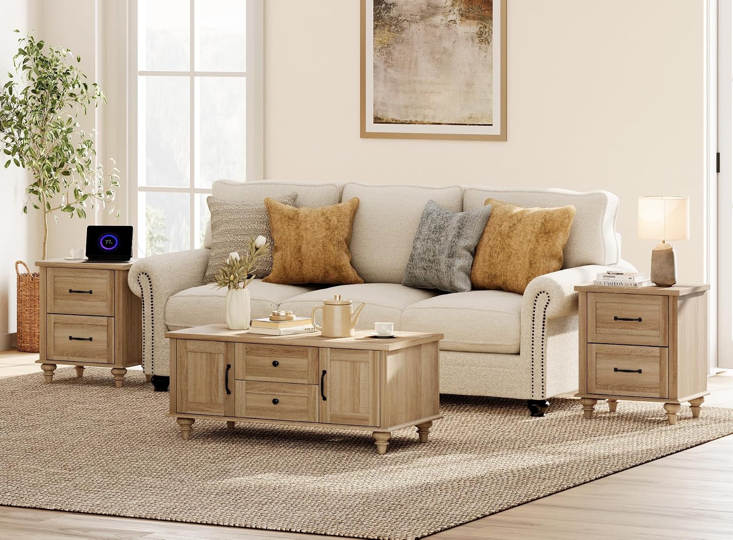 WAMPAT 3 Pieces Living Room Table Set, Set of 2 Nightstands Side Tables with Charging Station, One Rectangle Coffee Table with Storage Cabinet & Drawer, Oak