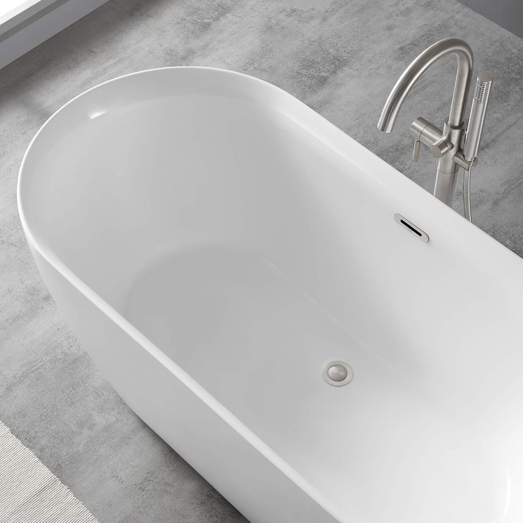 OVE Decors Ayago 59 in. Solid Surface Freestanding White Acrylic Soaking Bathtub, with Overflow and Satin Nickel Pop-up Drain