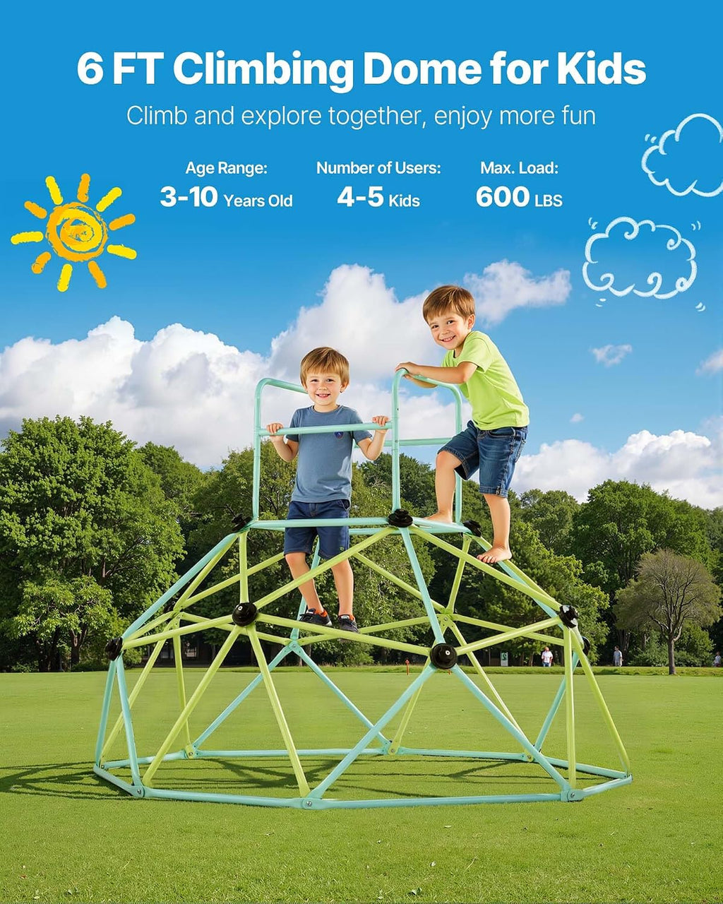 VEVOR Climbing Dome, 6FT Geometric Dome Climber for Kids, 600LBS Loading Indoor/Outdoor Jungle Gym Playground, Easy-Assembly Backyard Climbing Play Equipment for Boys Girls 3 to 10 Years Old