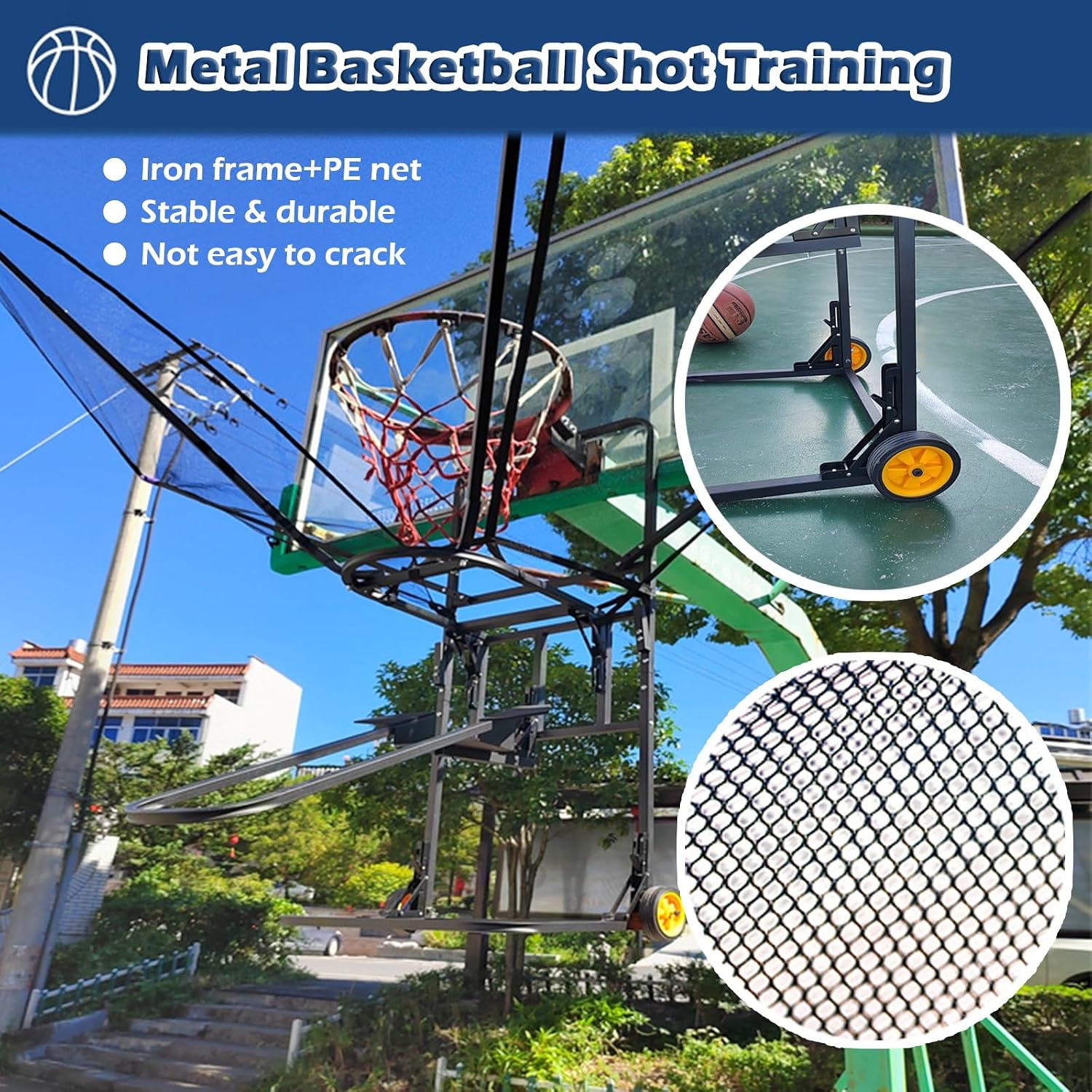 Indoor/Outdoor Basketball Return with Wheels, Portable Basketball Net Catcher with 180° Rotatable Chute, Shooting Training Rebounder System Easy to Fold