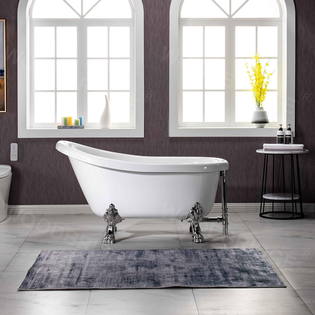 WOODBRIDGE 54' Heavy Duty Acrylic Slipper Clawfoot Bath Tub with Brushed Nickel Feet + Brushed Nickel Drain &Overflow