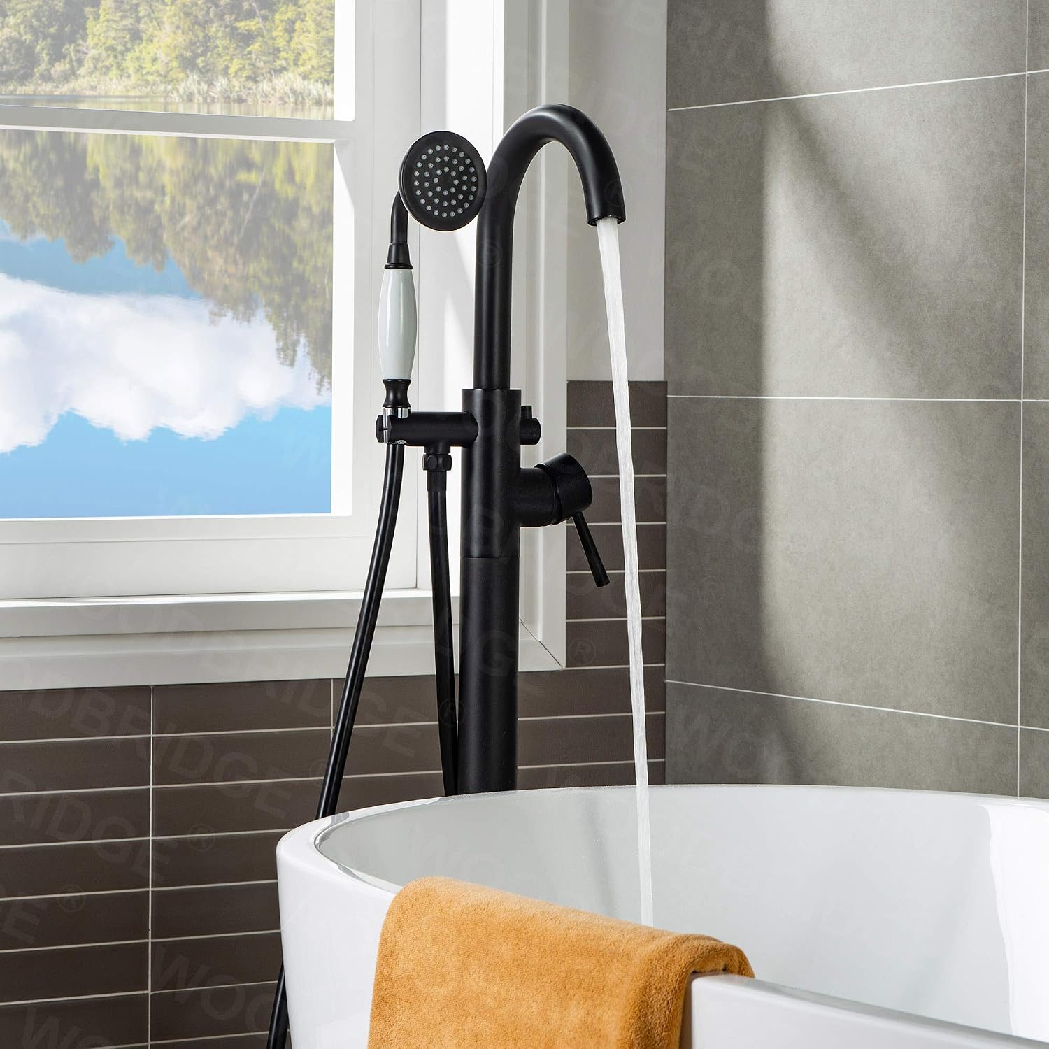 WOODBRIDGE WOODBRIDGEE Contemporary Single Handle Floor Mount Freestanding Tub Filler Faucet with Hand Shower in (Matte Black) Finish,F0006-MBVT