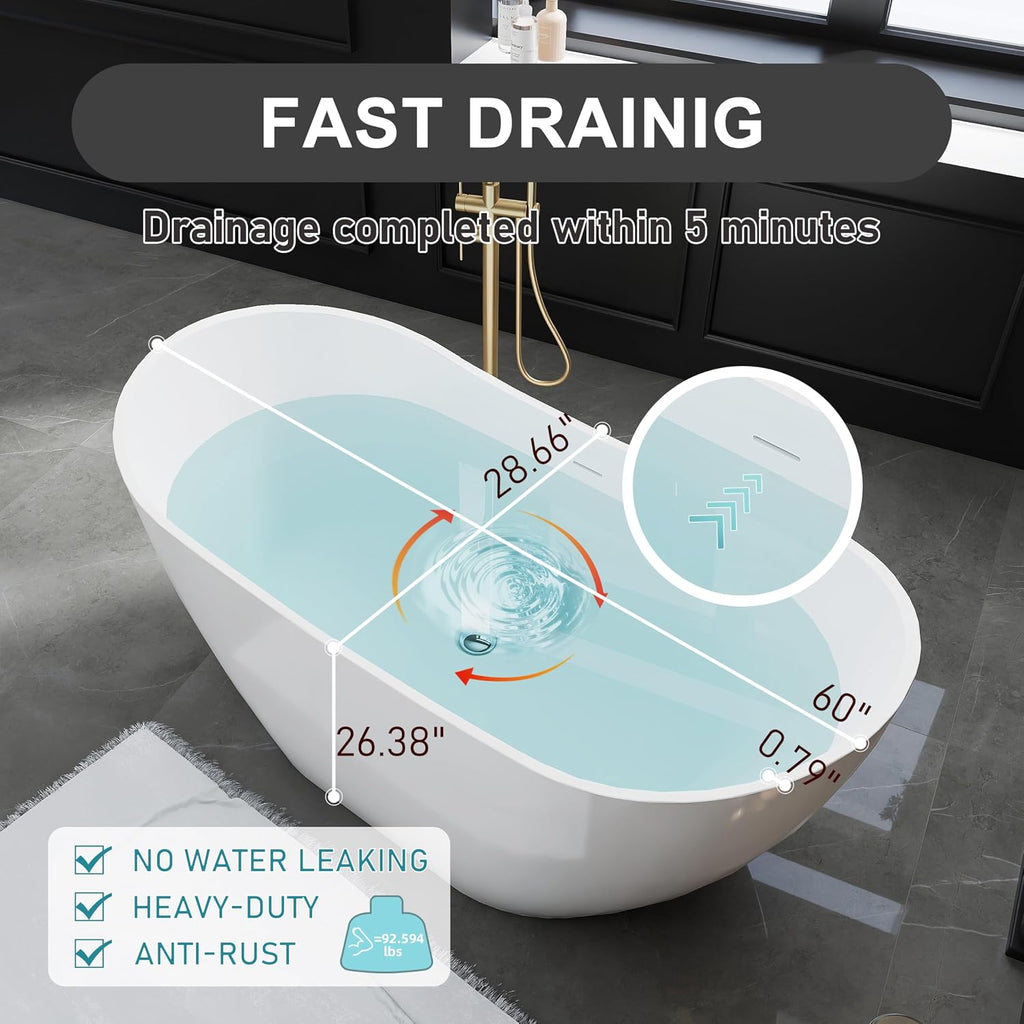 60' Acrylic Freestanding Bathtubs, High-back Stand Alone Tub, Soaking Tubs for Bathroom, Integrated Overflow and Drain, cUPC Certified, Gloss White