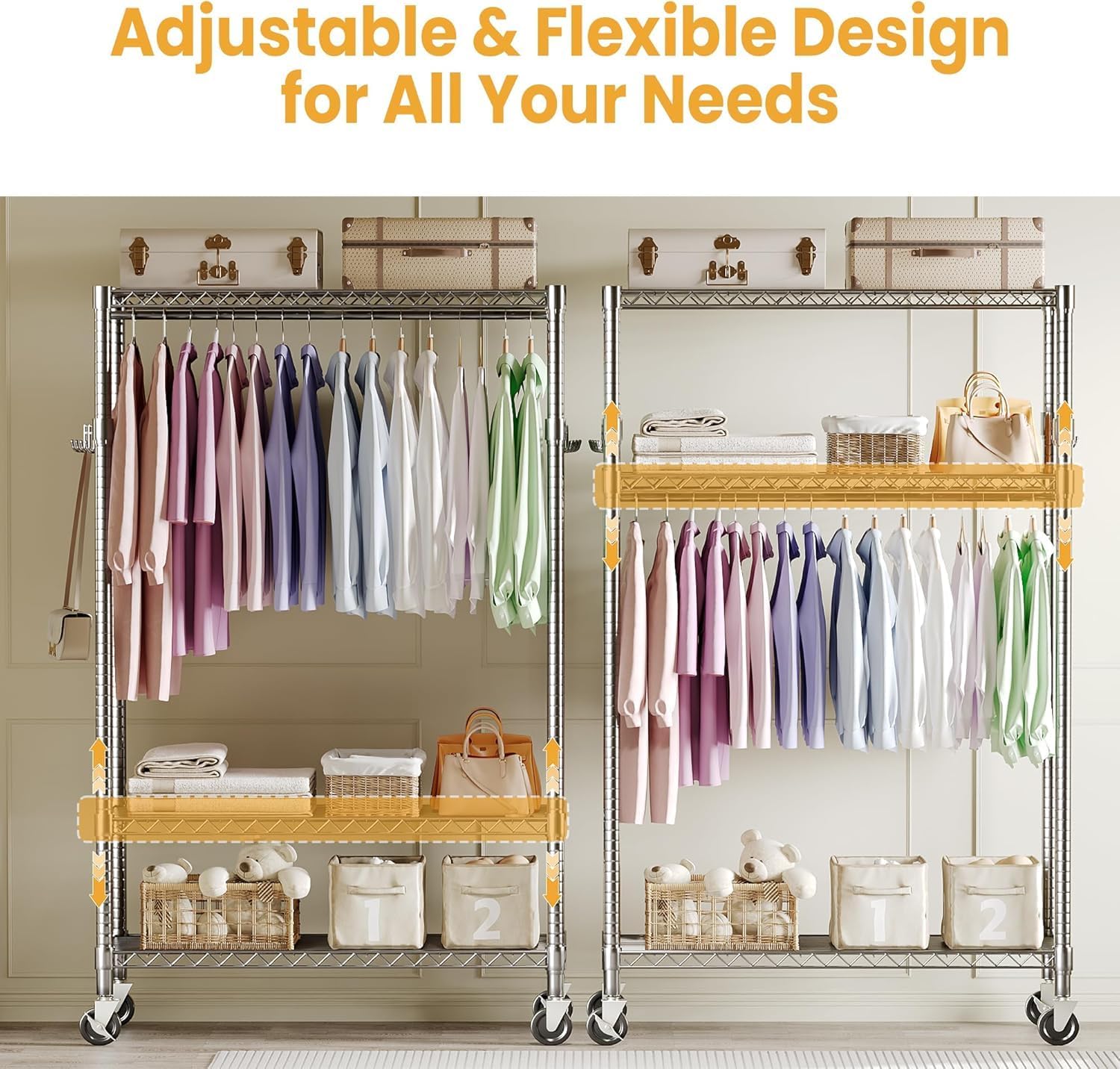 3-Tier Rolling Garment Rack, Heavy Duty Clothing Organizer with Adjustable Shelves & Dual Hanging Rods, Freestanding Metal Rack with Locking Casters for Bedroom, Closet, Dorm, Laundry Room - Silver