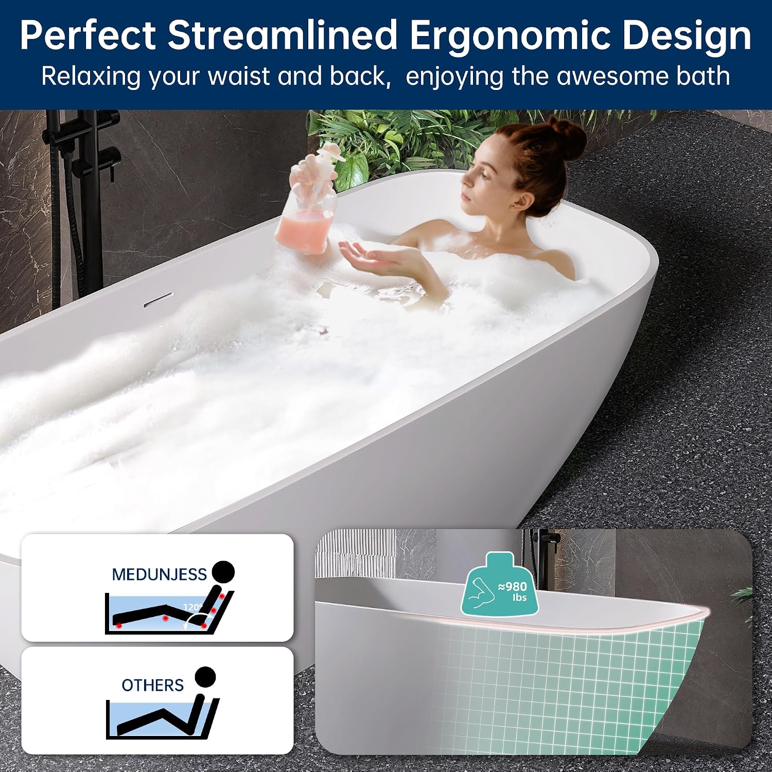 59'' Freestanding Bathtub Resin Stone Deep Soaking Tubs Solid Surface Matte Tub with Overflow and Pop-up Drain