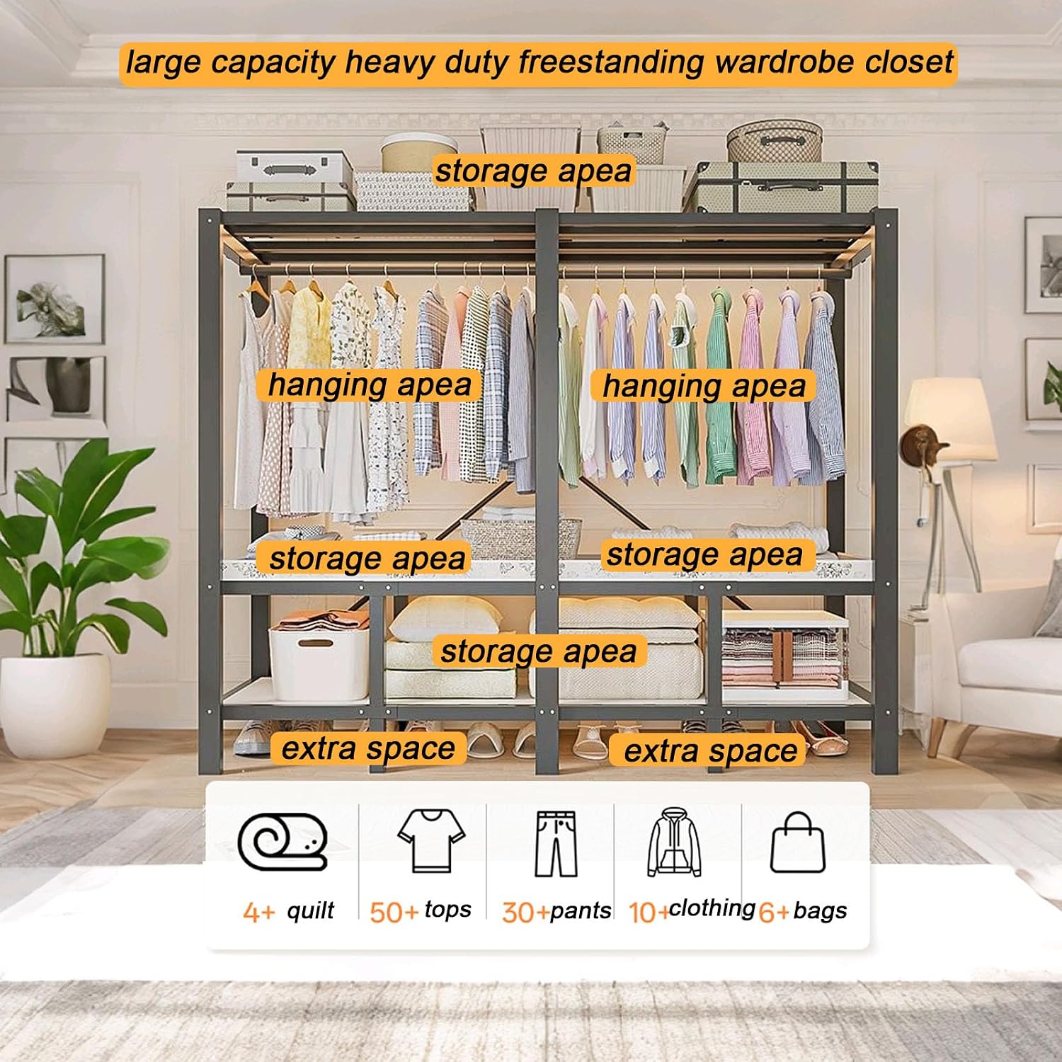 49.2in Portable Wardrobe Closet for Hanging Clothes Folding Heavy Duty Clothes Rack with Cover Large Covered Freestanding Foldable Closets Bedroom Armoire Storage Garment Racks (black, 49.2in/125cm)