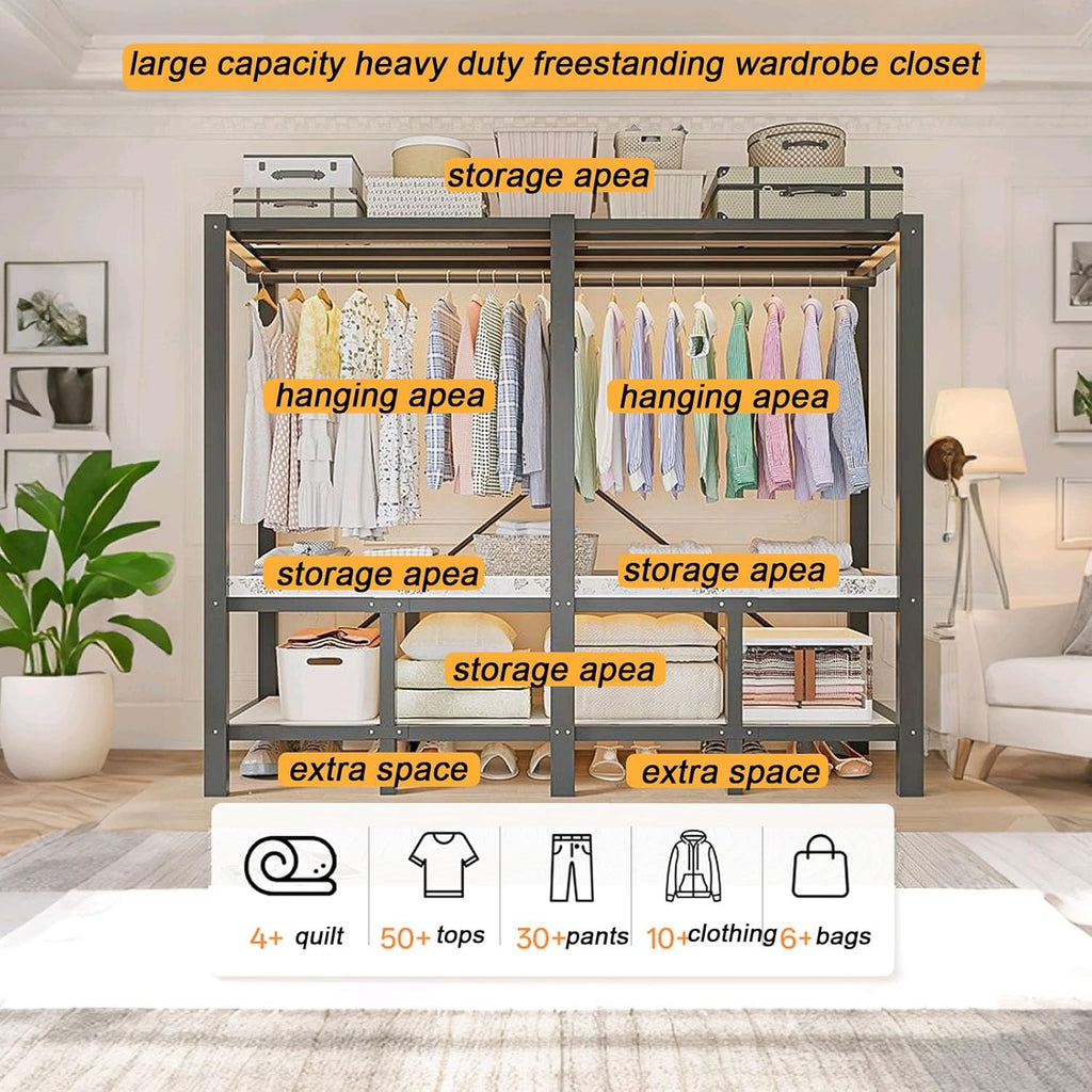59.1in Foldable Portable Wardrobe ClosetS for Hanging Clothes Heavy Duty Garment Rack with Cover Folding Metal Clothing Racks Freestanding Collapsible Large Covered Armoire (black, 59.1in/150cm)