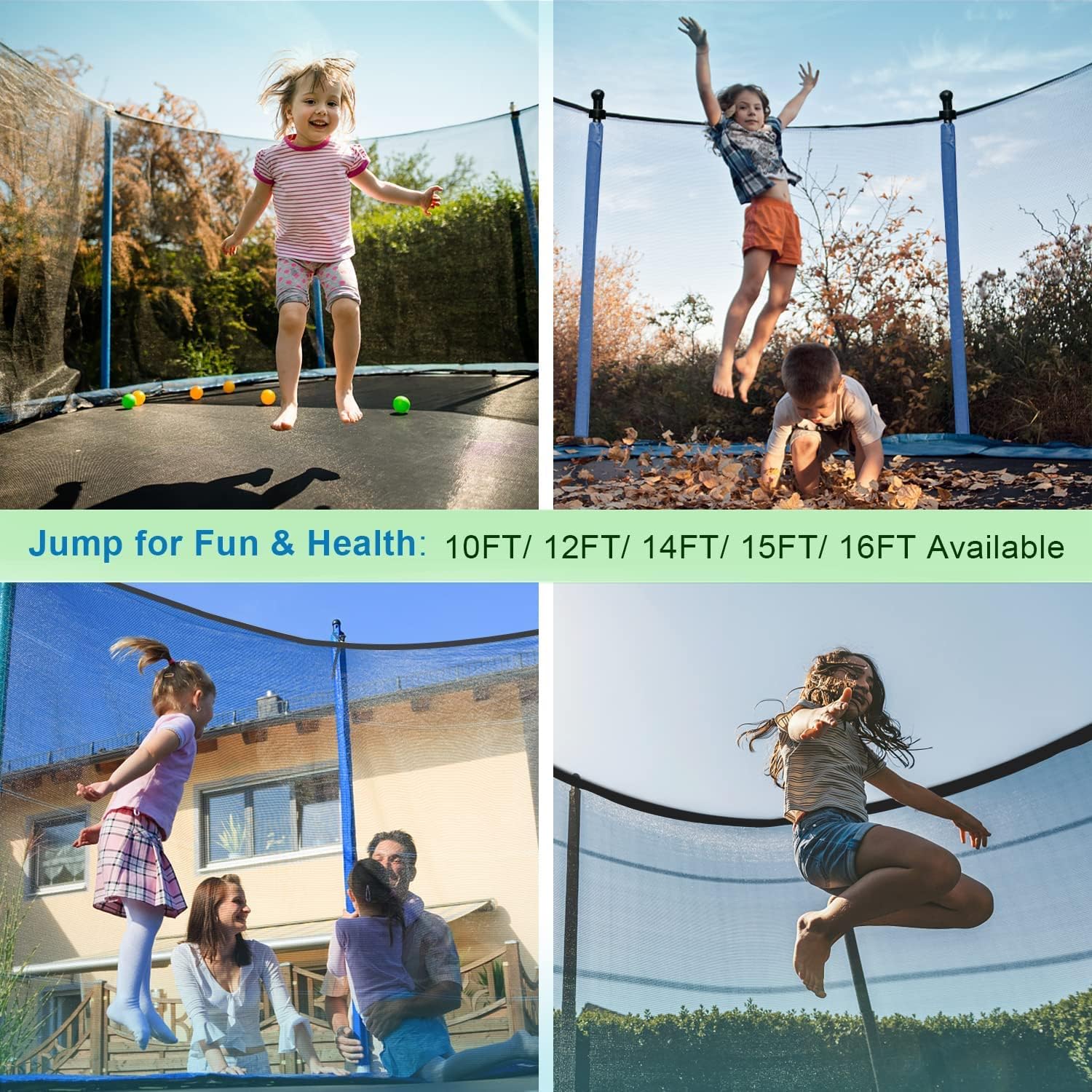 1500LBS 16FT 15FT 14FT 12 FT 10FT 8FT Tranpoline for Kids and Adults with Sprinkler, Lights with Music Speaker, Socks, Water Ball, Heavy Duty Outdoor Tranpoline with Net Enclosure and Ladder