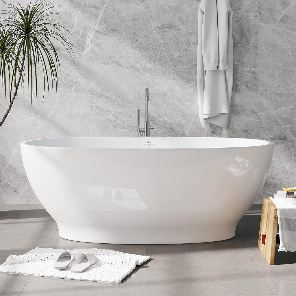 FerdY Koh Samui 65' Freestanding Bathtub, Elegant Oval Shape, Double Walled Insulation Bathtub with Center Brushed Nickel Drain &FerdY Back Scrubber for Shower,Long Handled Loofah on a Stick