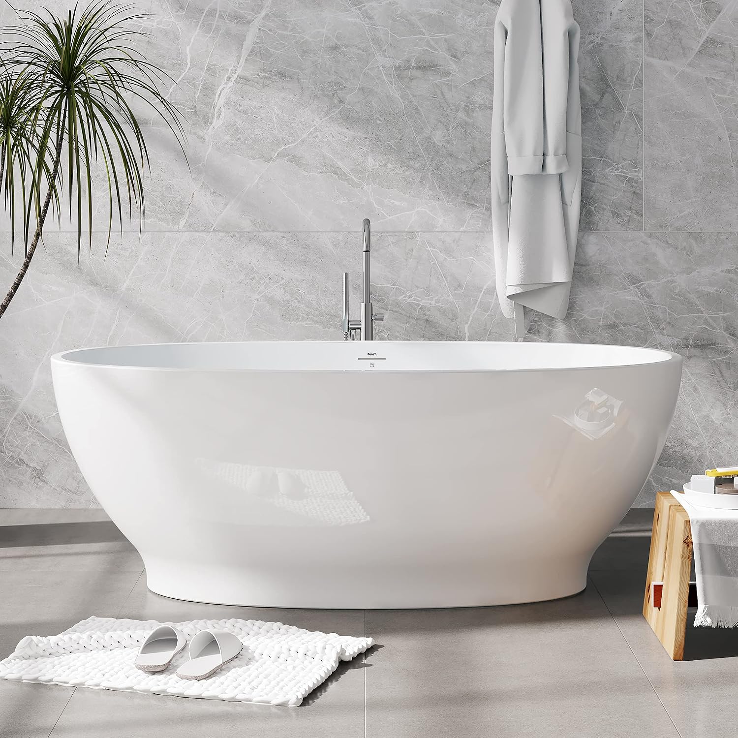 FerdY Koh Samui 65' Freestanding Bathtub with Headrest, Elegant Oval Shape, Double Walled Insulation Bathtub with Center Brushed Nickel Drain & Minimalist Linear Design Overflow & Bath Pillow
