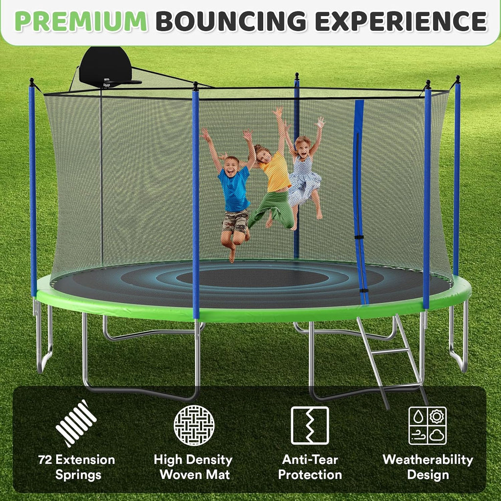 Skepphlay 16ft 14ft 12ft Trampoline Outdoor for Kids and Adults, ASTM Approved Recreational Trampoline, Round Trampoline with Basketball Hoop & Enclosure Net for Backyard