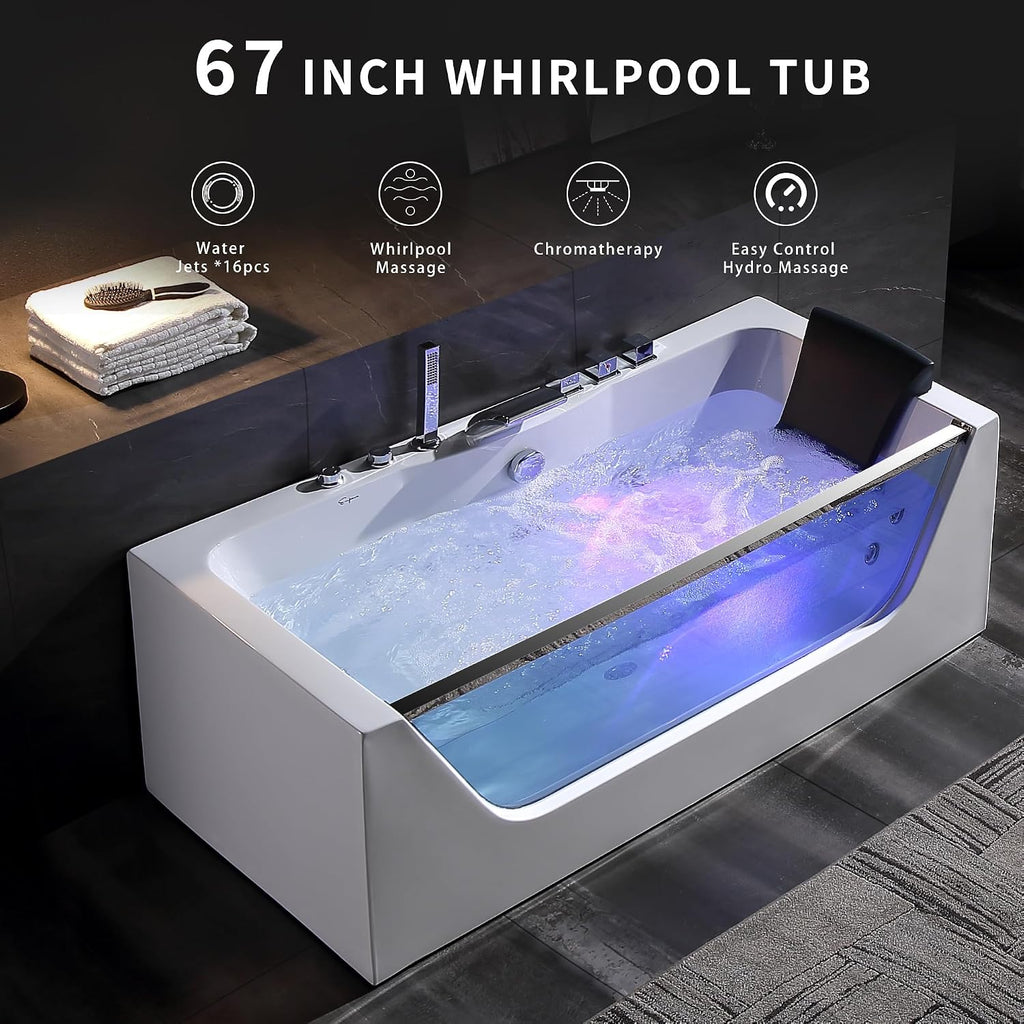 Empava 67' Whirlpool Bathtub with Chromatherapy, Hydrotherapy Jetted Bathtub with Glass Panel, 11 Jets,3-Side Apron,67 Gallons,ETL Certified, White
