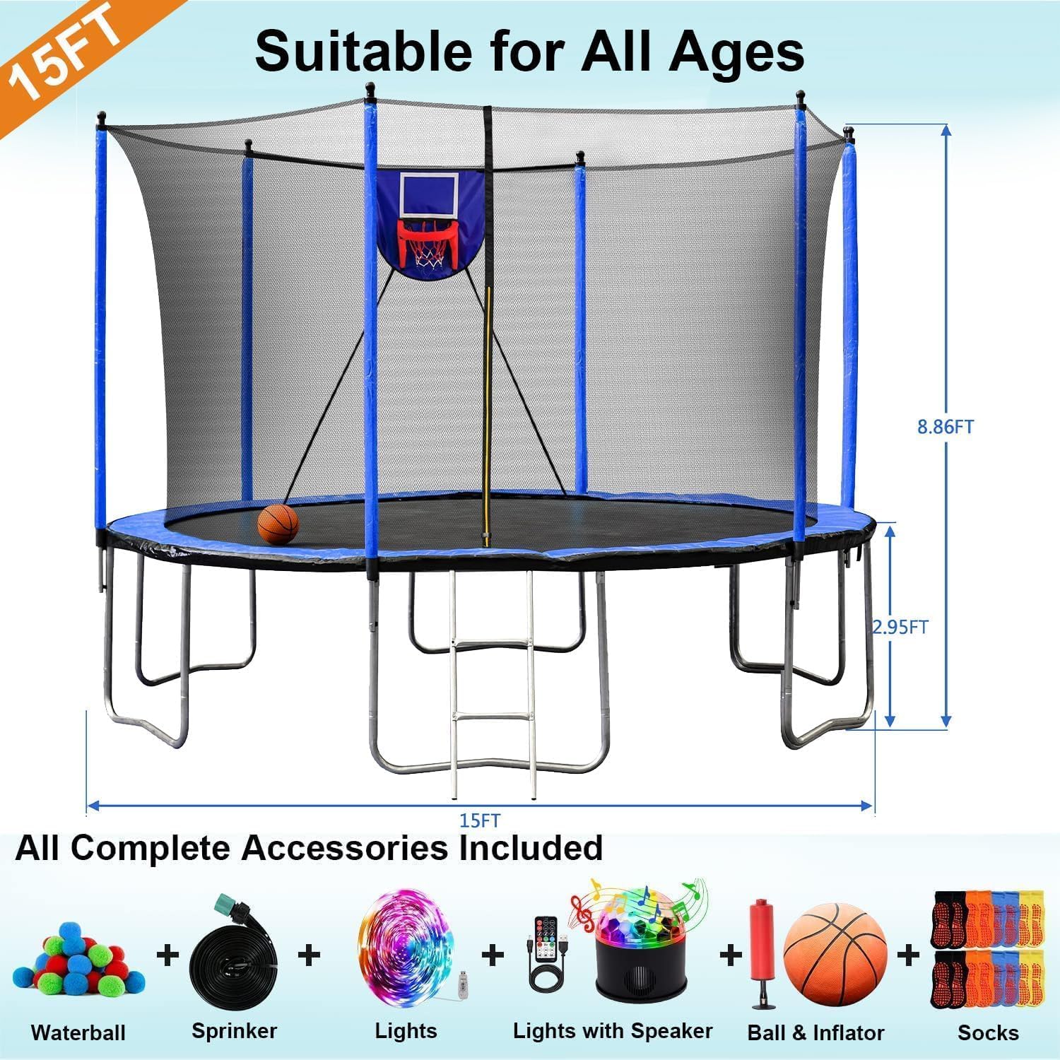 1500LBS 16FT 15FT 14FT 12 FT 10FT 8FT Tranpoline for Kids and Adults with Sprinkler, Lights with Music Speaker, Socks, Water Ball, Heavy Duty Outdoor Tranpoline with Net Enclosure and Ladder