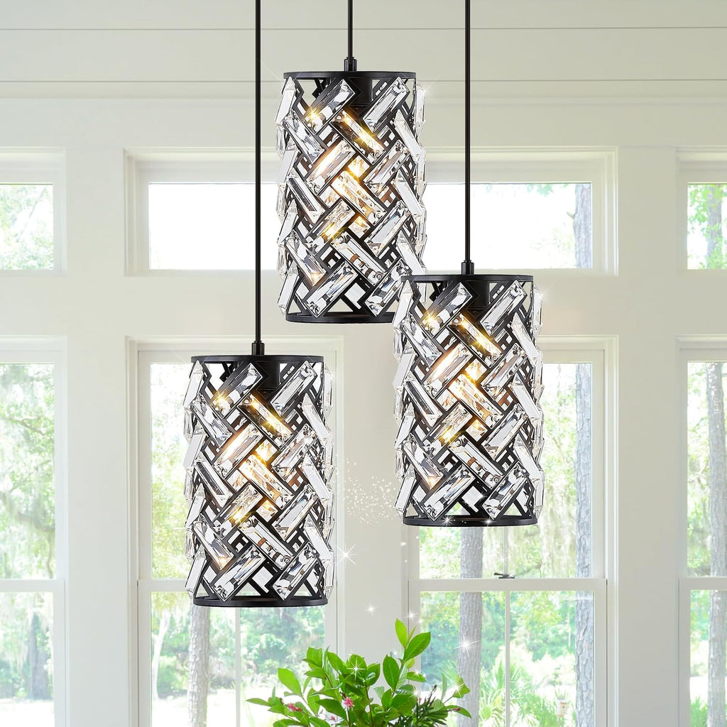 CATINER 3 Lights Crystal Pendant Light Modern Black Mini Chandelier, Adjustable Cluster Pendant Light Fixture for Kitchen Island Dinning Room Bedroom Hallway Porch
