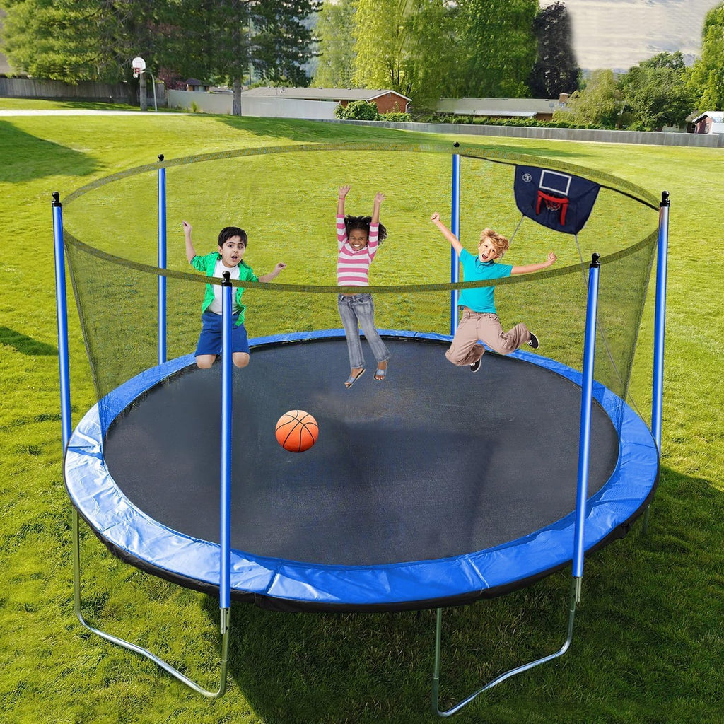 1500LBS 10FT 12FT 14FT 15FT 16FT Trampoline with LED Lights, Sprinkler, Music Speaker and Socks, ASTM Approved Outdoor Trampoline for Kids and Adults, Backyard Trampolines with Net Enclosure