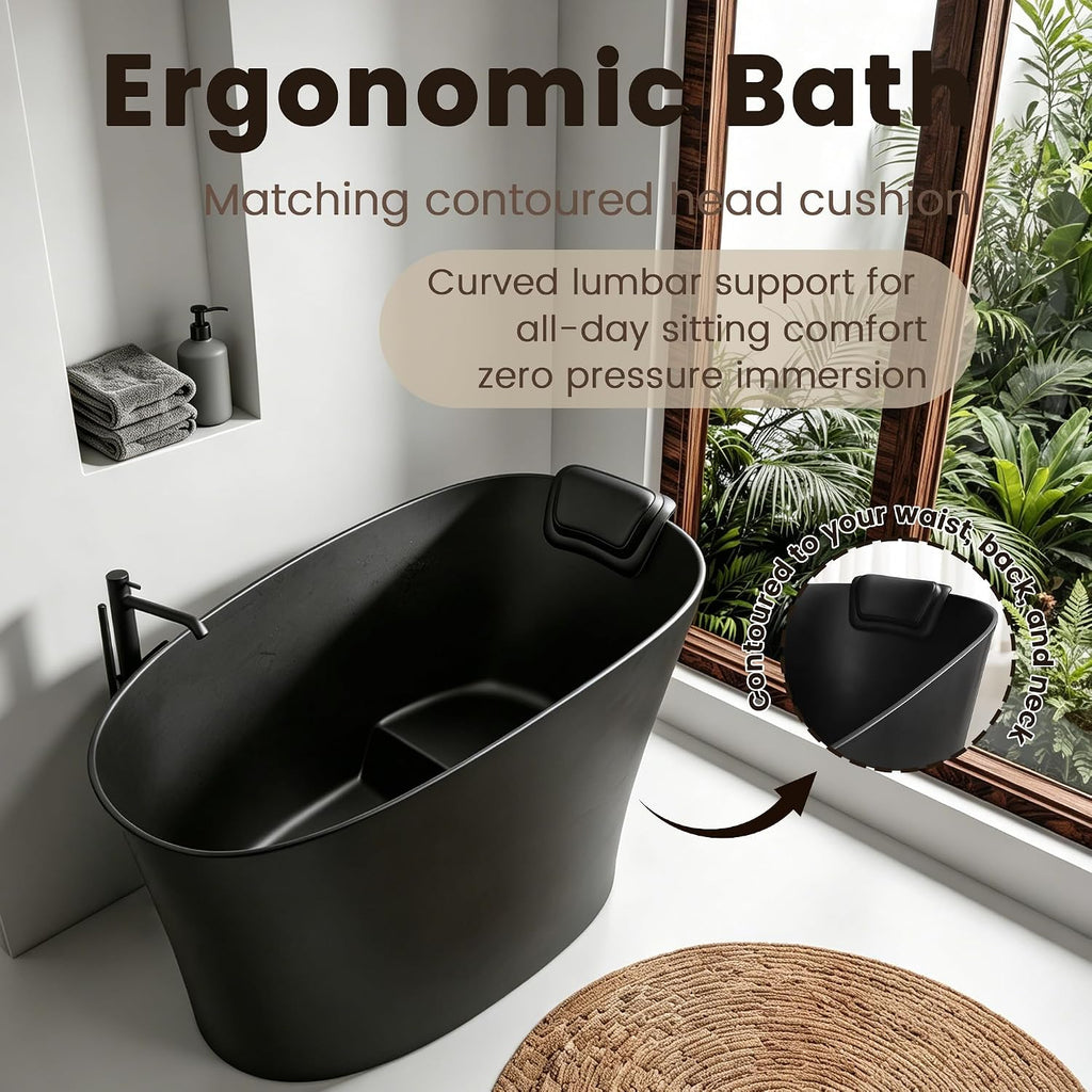 51'Freestanding Thermostatic Bathtub, Solid Surface Japanese Soaking Tub with Integrated Seat Cushion and Headrest, Includes Overflow and Drain Assembly, Oval Black(Black-51')