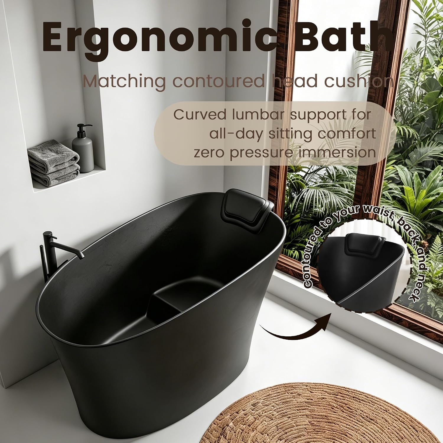 51'Freestanding Thermostatic Bathtub, Solid Surface Japanese Soaking Tub with Integrated Seat Cushion and Headrest, Includes Overflow and Drain Assembly, Oval Black(Black-51')