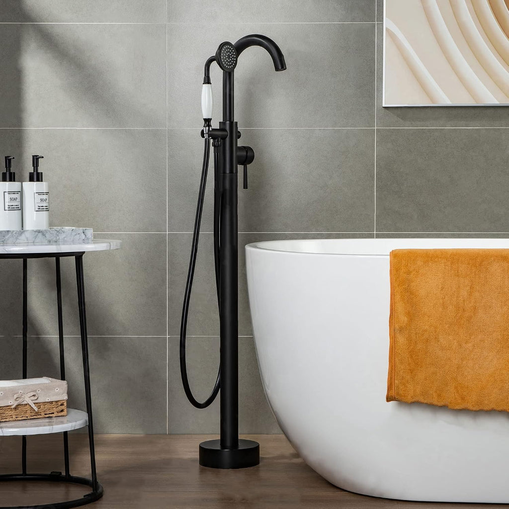 WOODBRIDGE WOODBRIDGEE Contemporary Single Handle Floor Mount Freestanding Tub Filler Faucet with Hand Shower in (Matte Black) Finish,F0006-MBVT