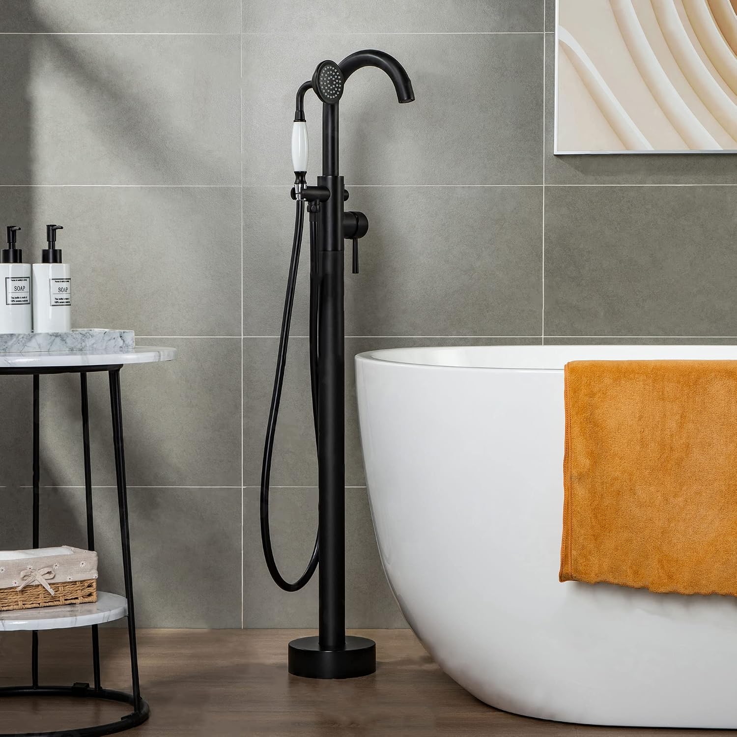 WOODBRIDGE WOODBRIDGEE Contemporary Single Handle Floor Mount Freestanding Tub Filler Faucet with Hand Shower in (Matte Black) Finish,F0006-MBVT