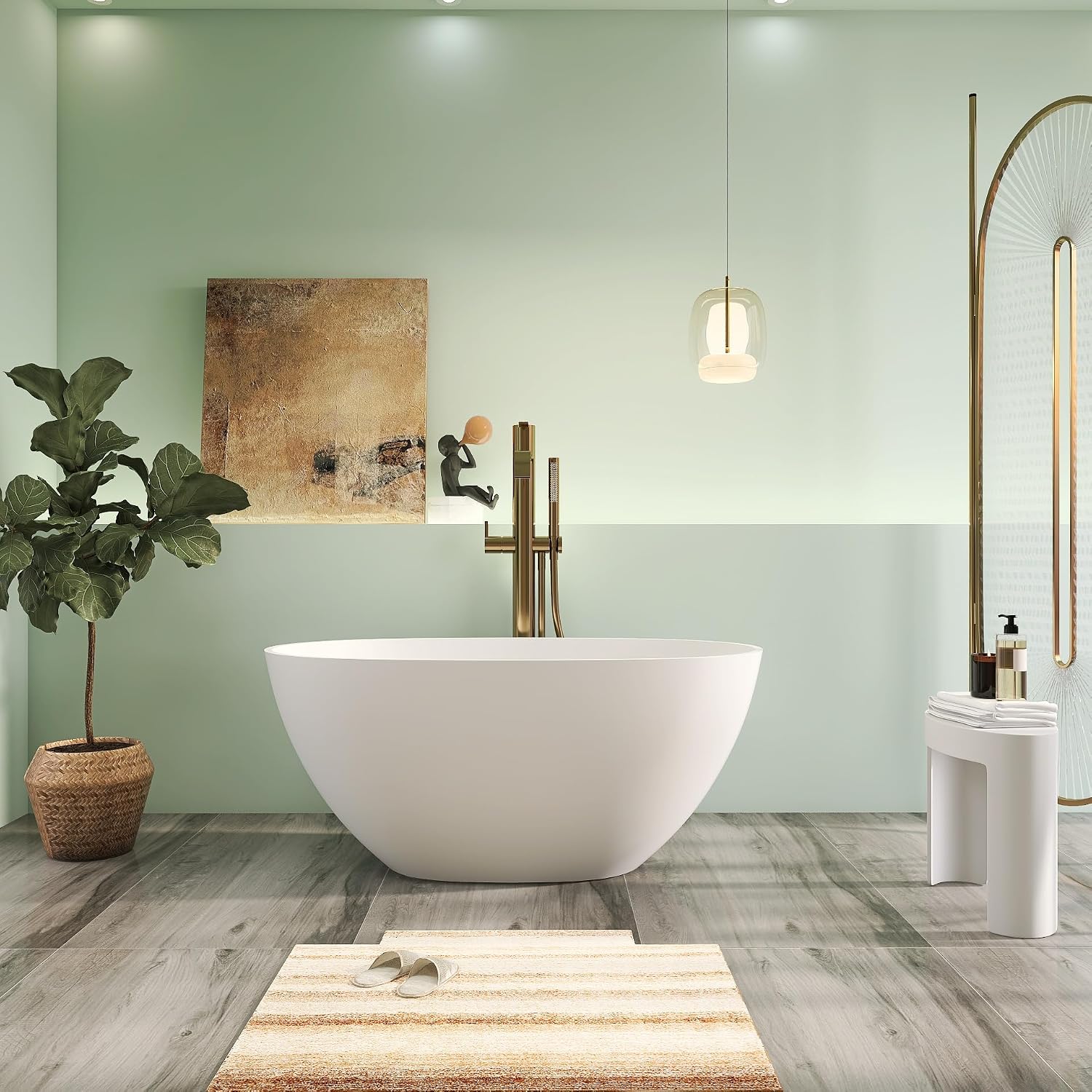 51' Premium Solid Surface Freestanding Bathtubs, Unique Oval Stone Resin Bath Tub with Overflow and Pop-up Drain, Matte White