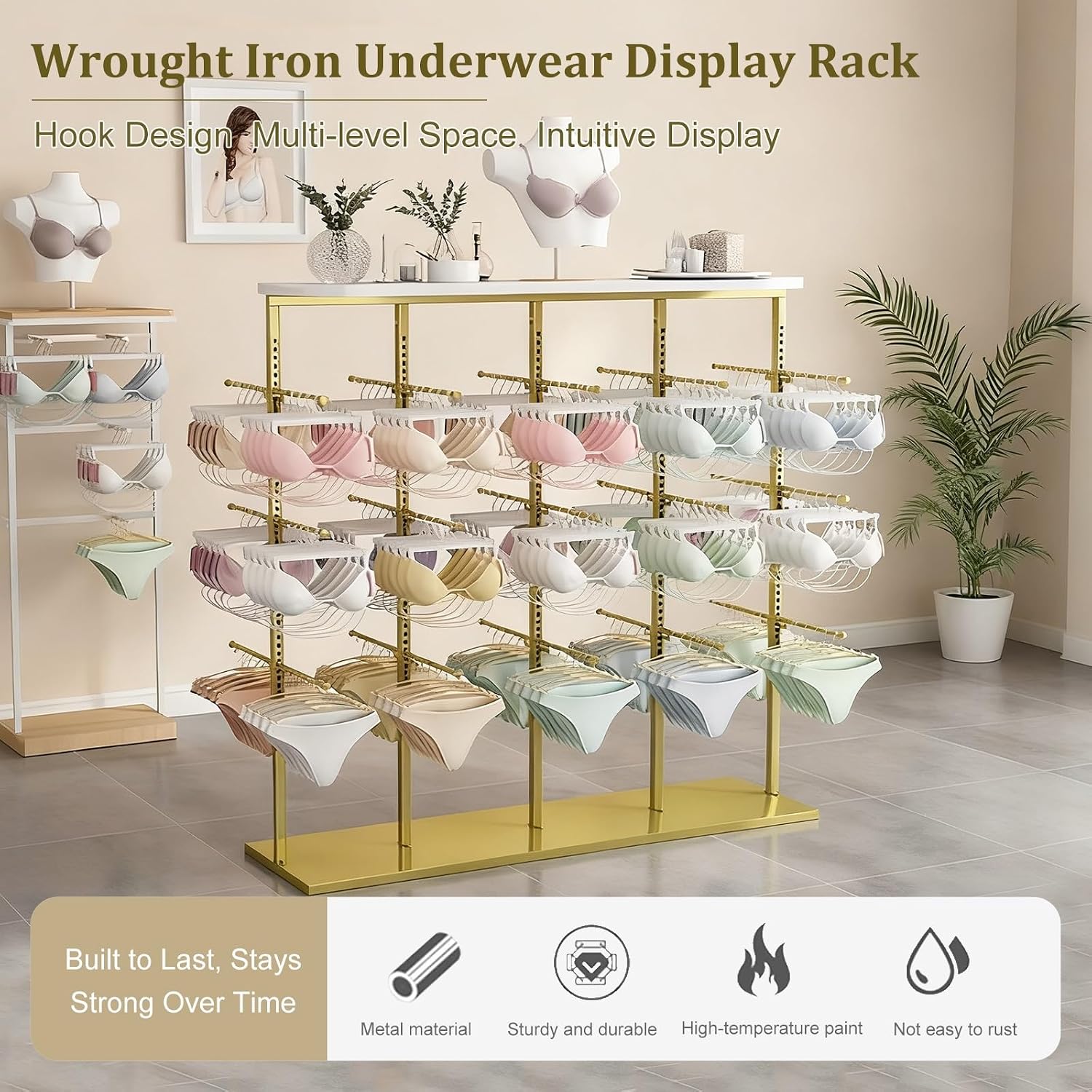Metals Underwear Display Rack Stand,Underwear Display Stands,Clothing Store Garment Rack Lingerie Display Stand,Commercial Shelves,Freestanding Clothing Store Storage Shelf(Gold,130cm/51in)