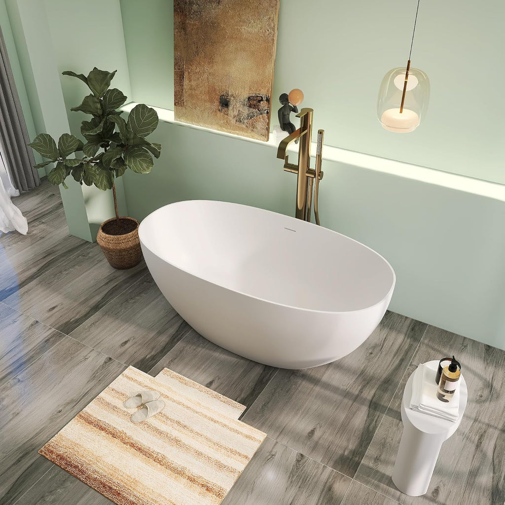 59' Premium Solid Surface Freestanding Bathtubs, Upgraded Matte White Modern Design Stand Alone Stone Resin Tub with Overflow and Pop-up Drain