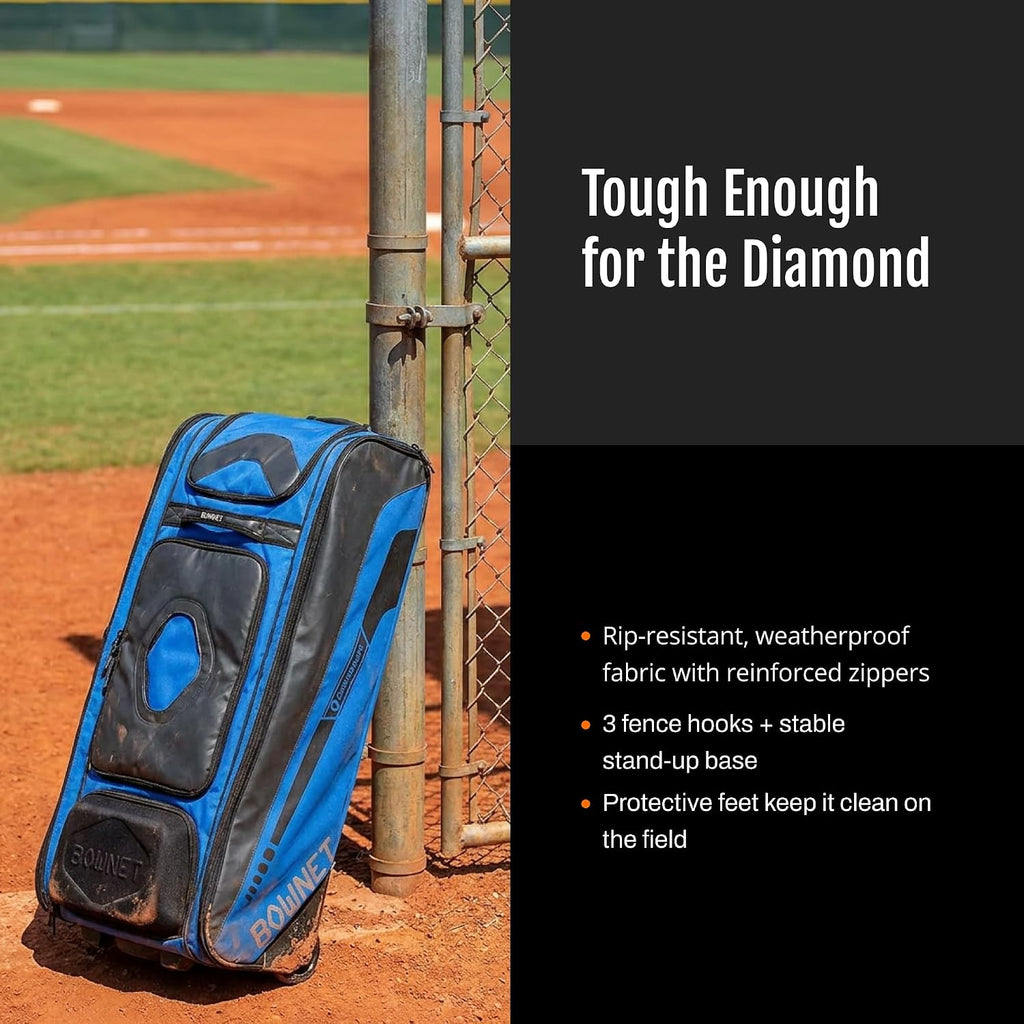 Bownet Commander Rolling Catcher's Gear Bag with Wheels – Baseball & Softball Equipment Bag for Travel Ball, Youth & Adult, 14 Pockets, Molded Helmet Case, Airline Approved