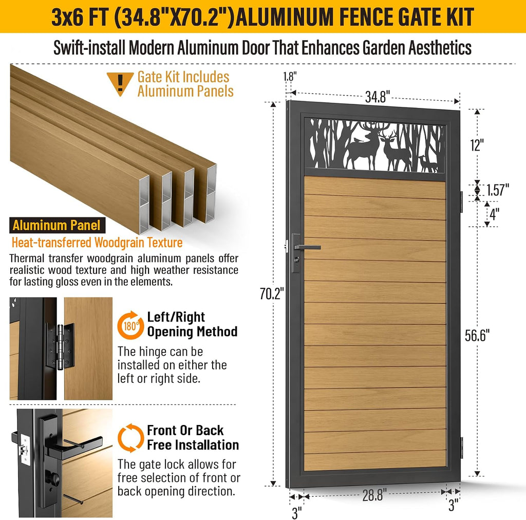 3x6 FT Aluminum Fence Gate Kit Wood Grain Aluminum Gate with Decorative Cutout, Lock & Hinges, Left/Right Opening, Weather Resistant for Yard Garden Patio